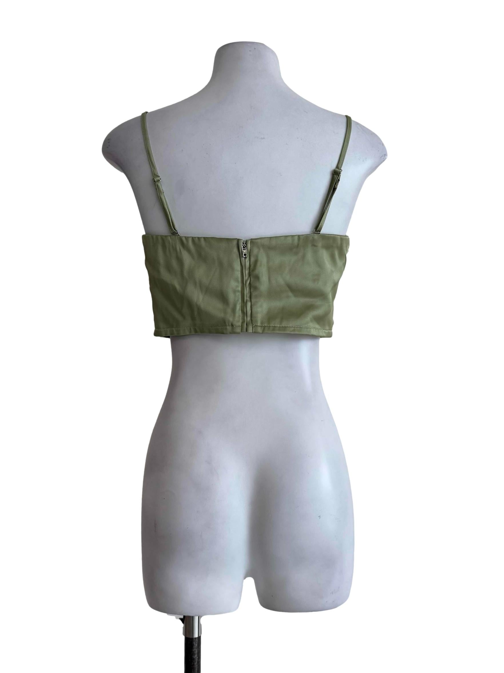 Shiny Sage Green Bust Pleated Bralet Top