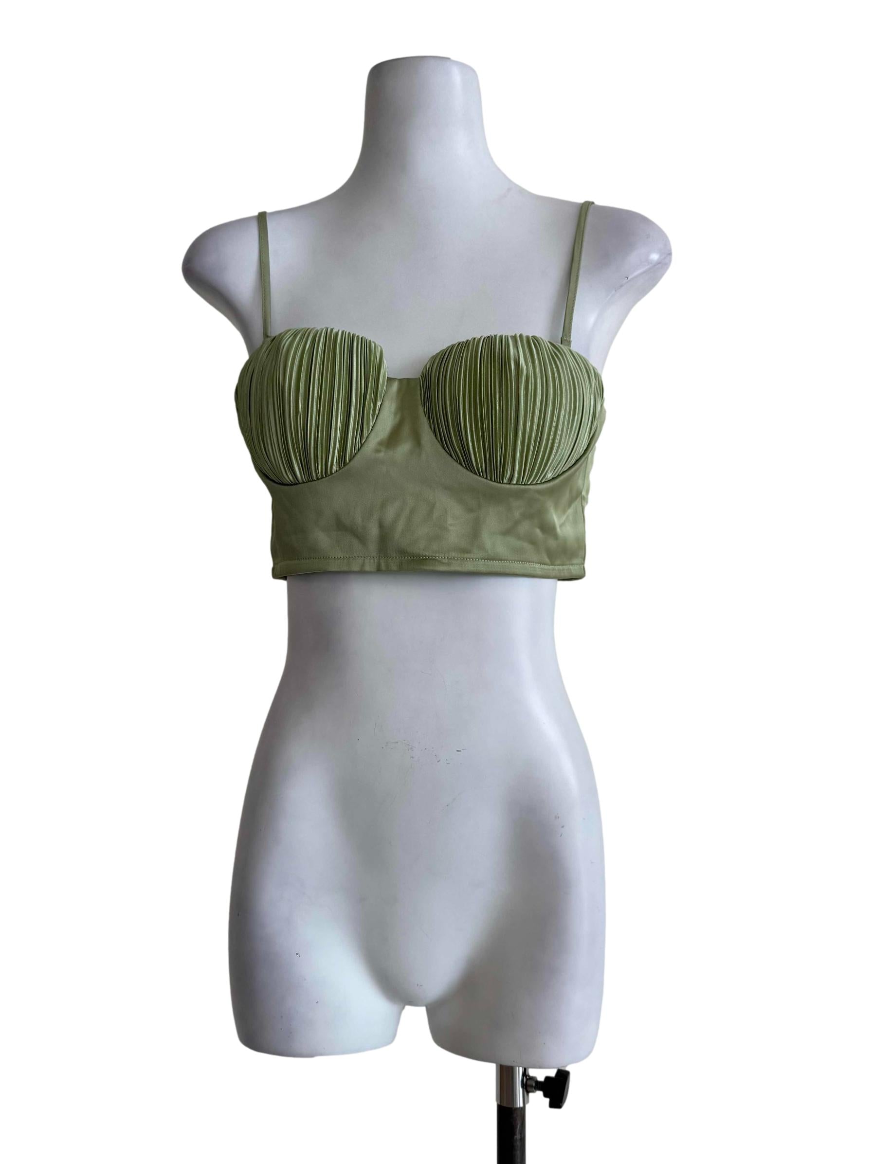 Shiny Sage Green Bust Pleated Bralet Top