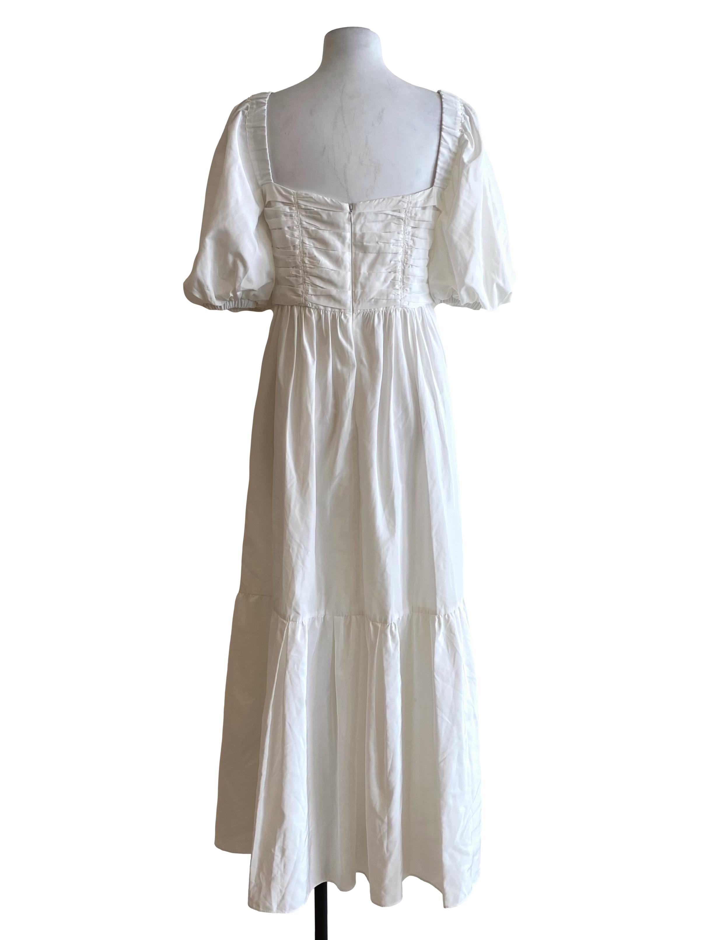 Pearl White Pleat Taffeta Puff Sleeve Dress