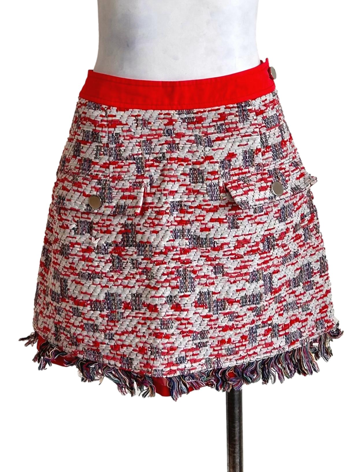 Candy Red Tweed Fringed Mini Skirt
