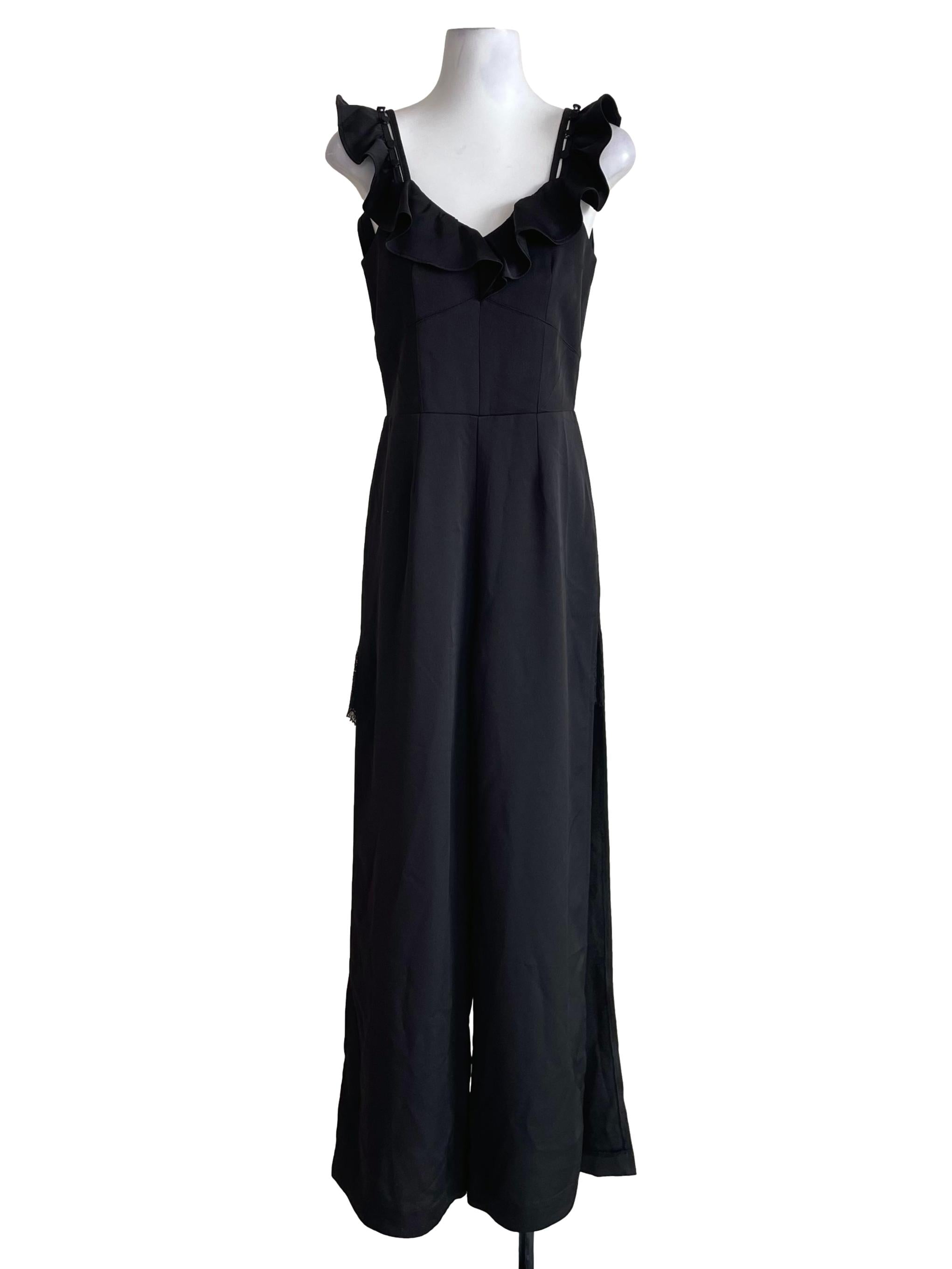 Black Ruffled V Neck Slit Leg Jumpsuit