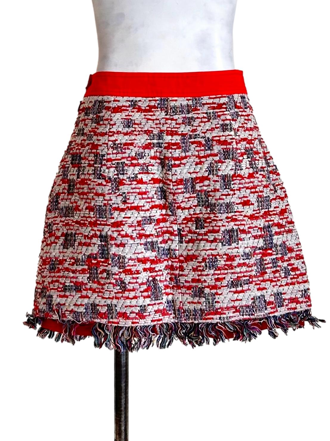Candy Red Tweed Fringed Mini Skirt