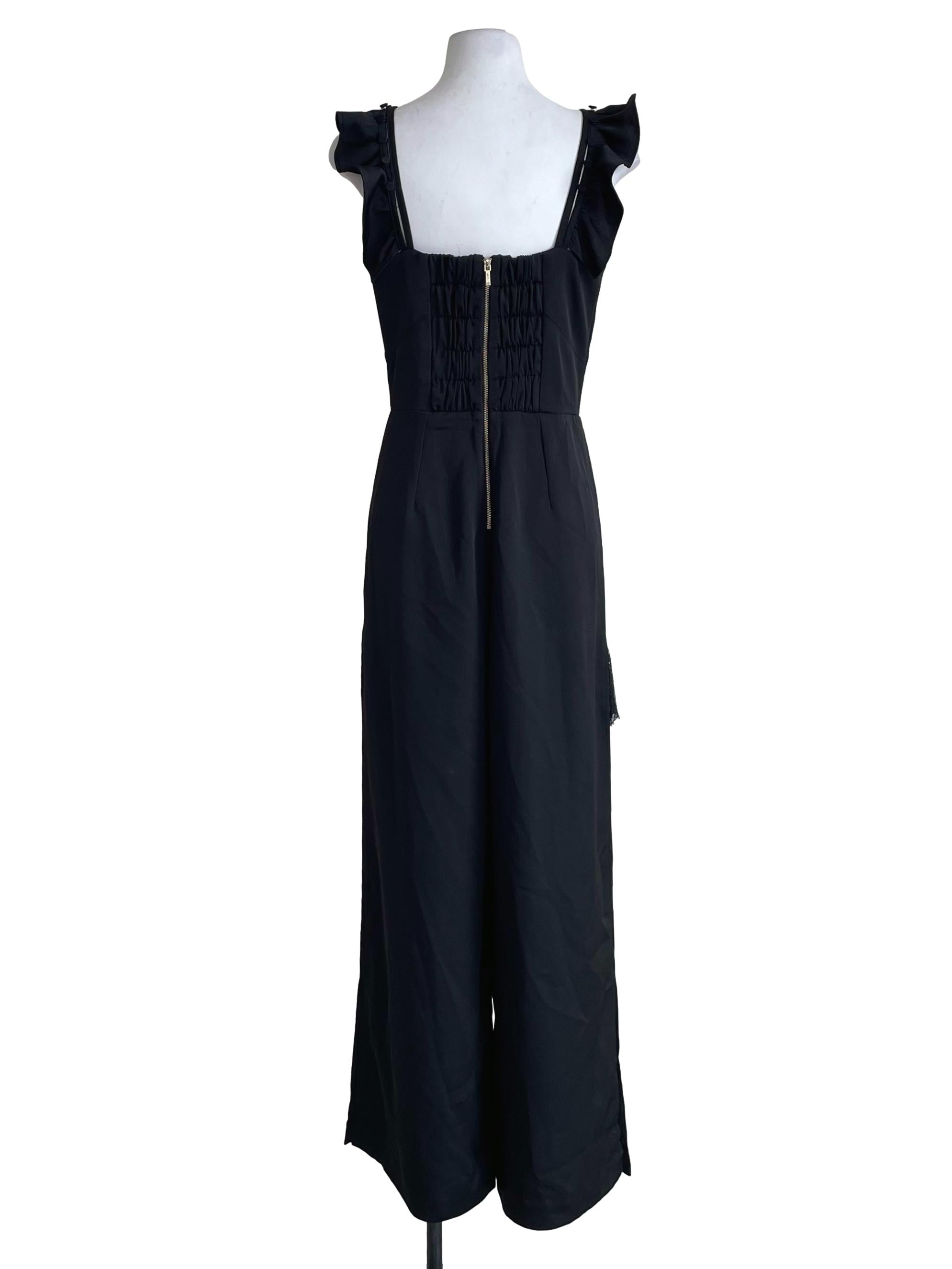 Black Ruffled V Neck Slit Leg Jumpsuit