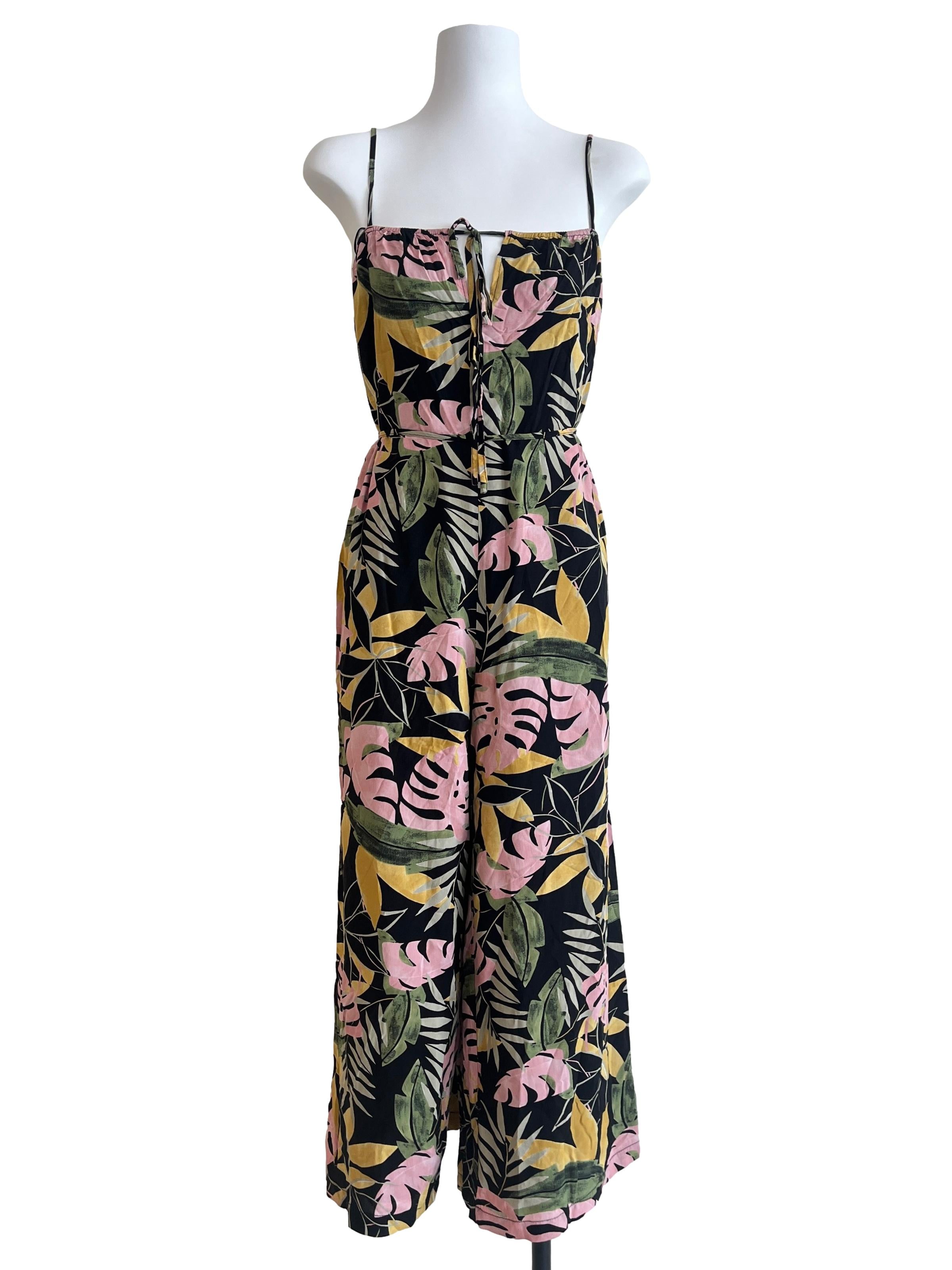 Black Tropical Prints Spaghetti Strap Jumpsuit