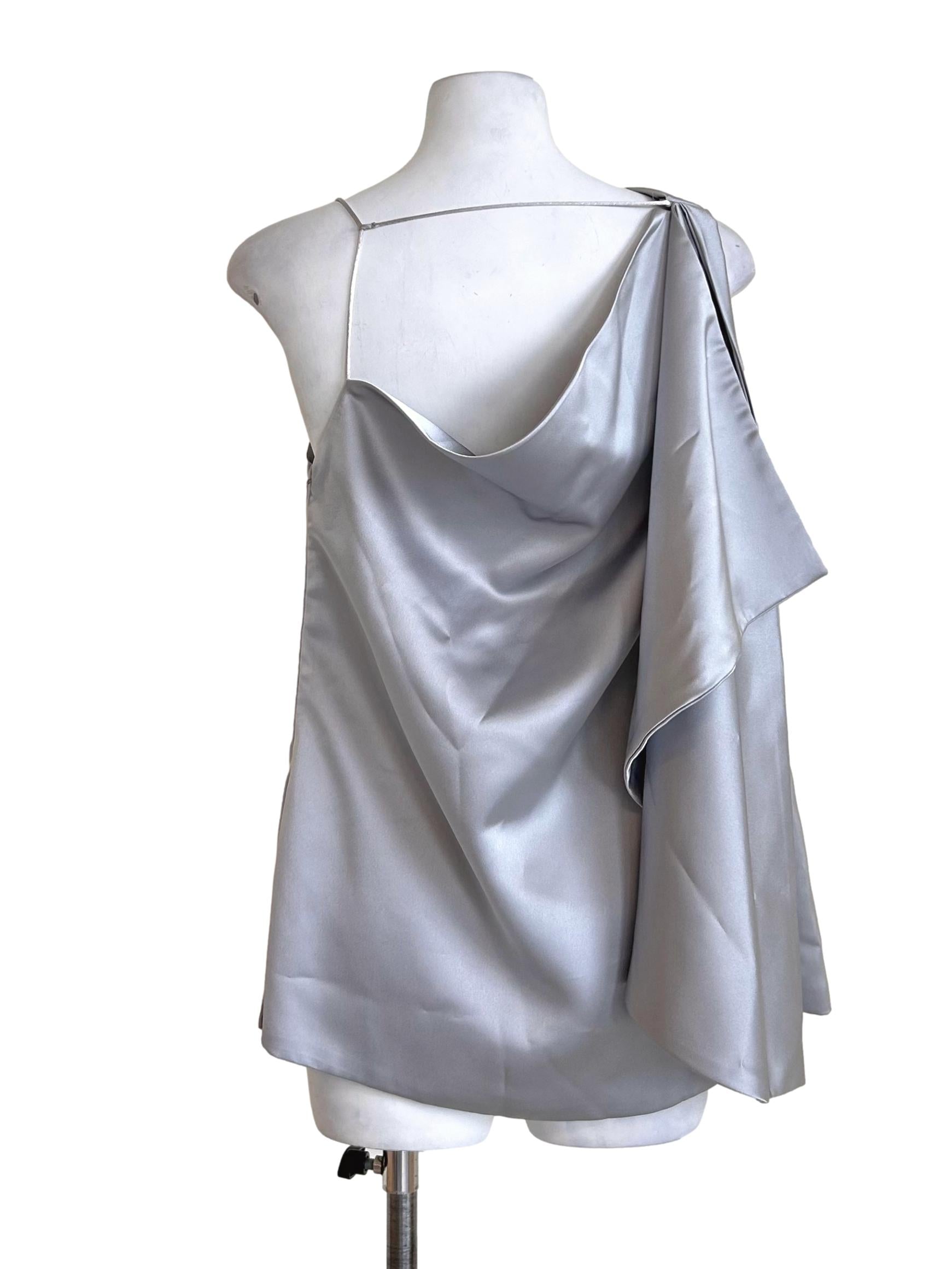 Silver Satin Asymmetric Draped Top