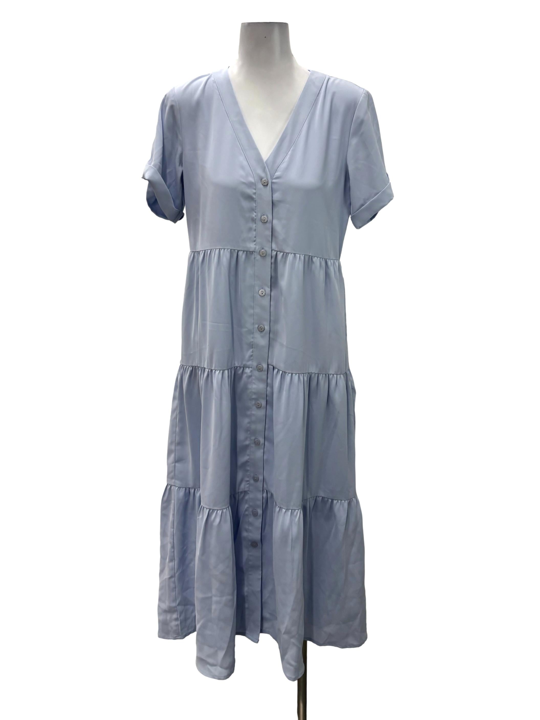 Light Blue V-Neck Button Down Tiered Maxi Dress
