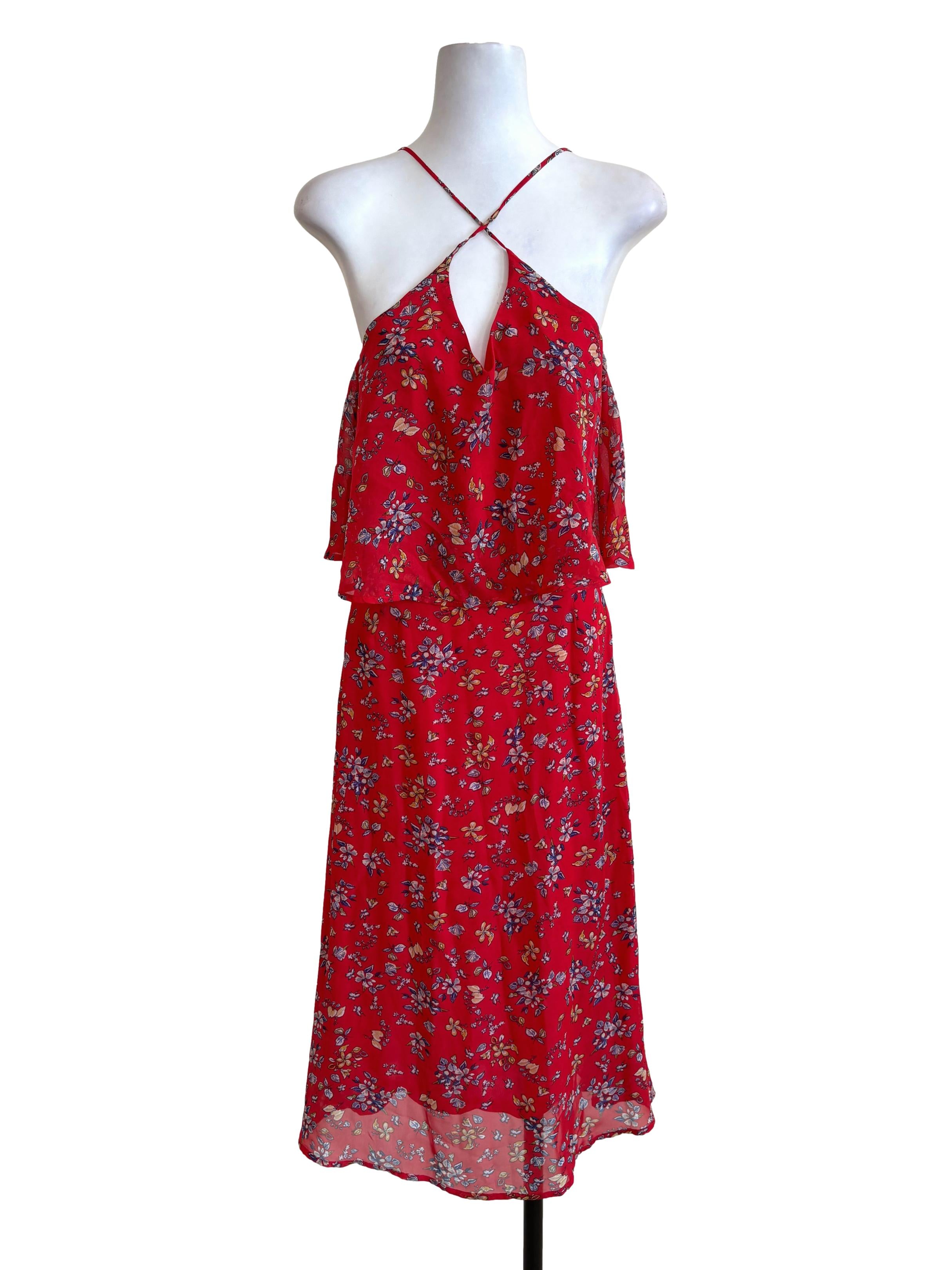 Red Floral Layered Halter Dress
