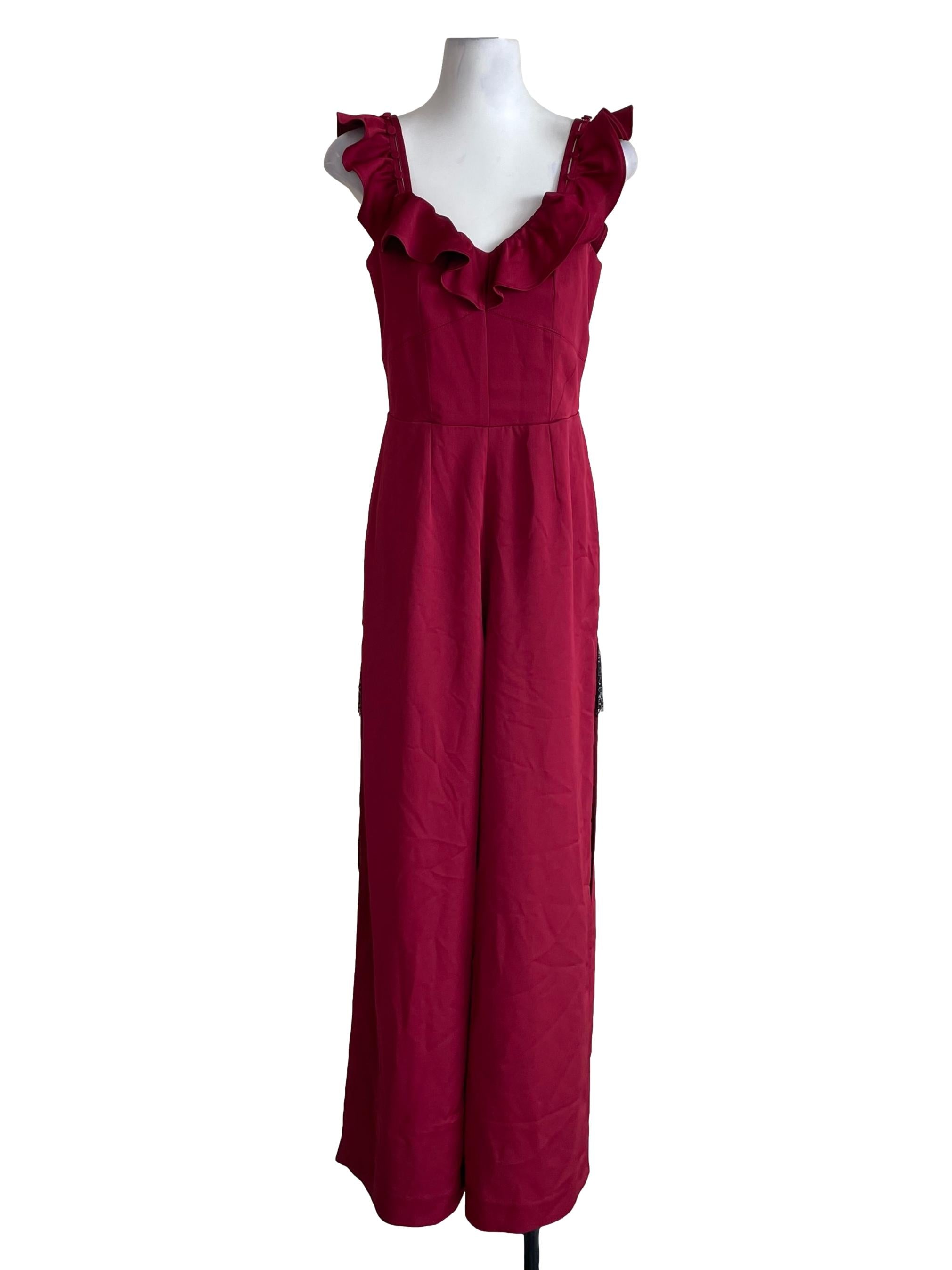 Berry Red Ruffled V Neck Slit Leg Jumpsuit