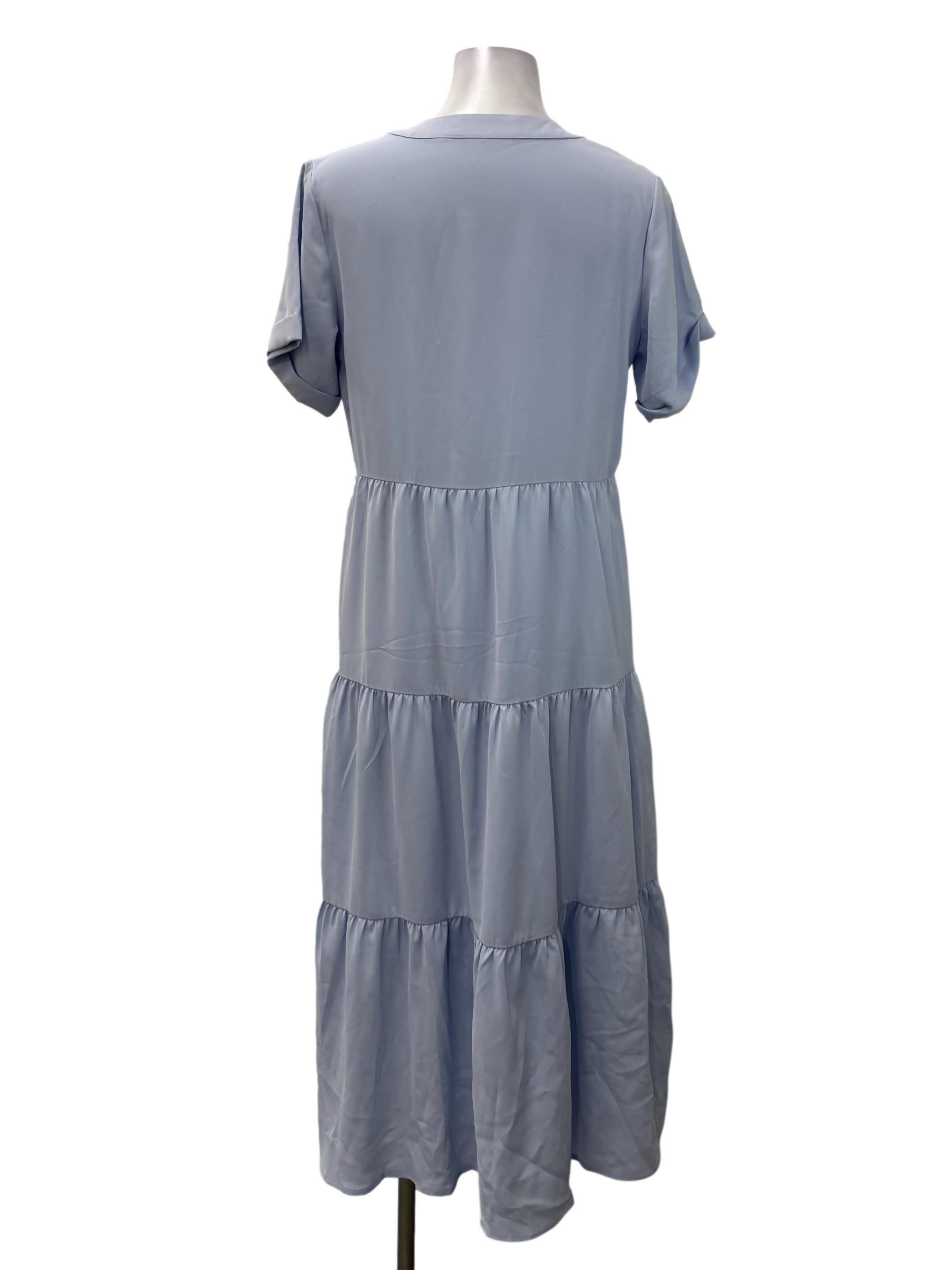 Light Blue V-Neck Button Down Tiered Maxi Dress