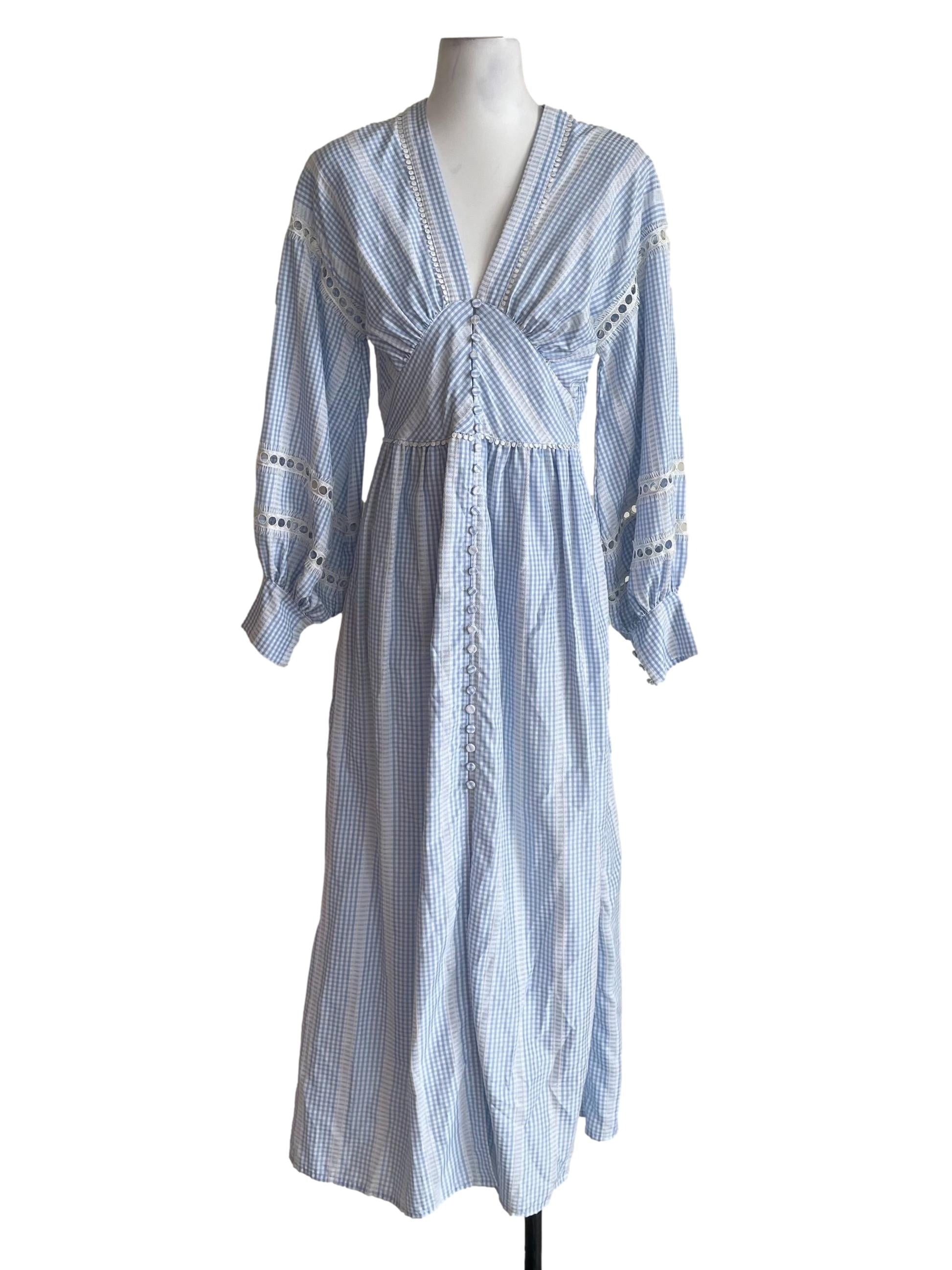 Pastel Blue Gingham Lace Hollow Sleeves Button Down Dress