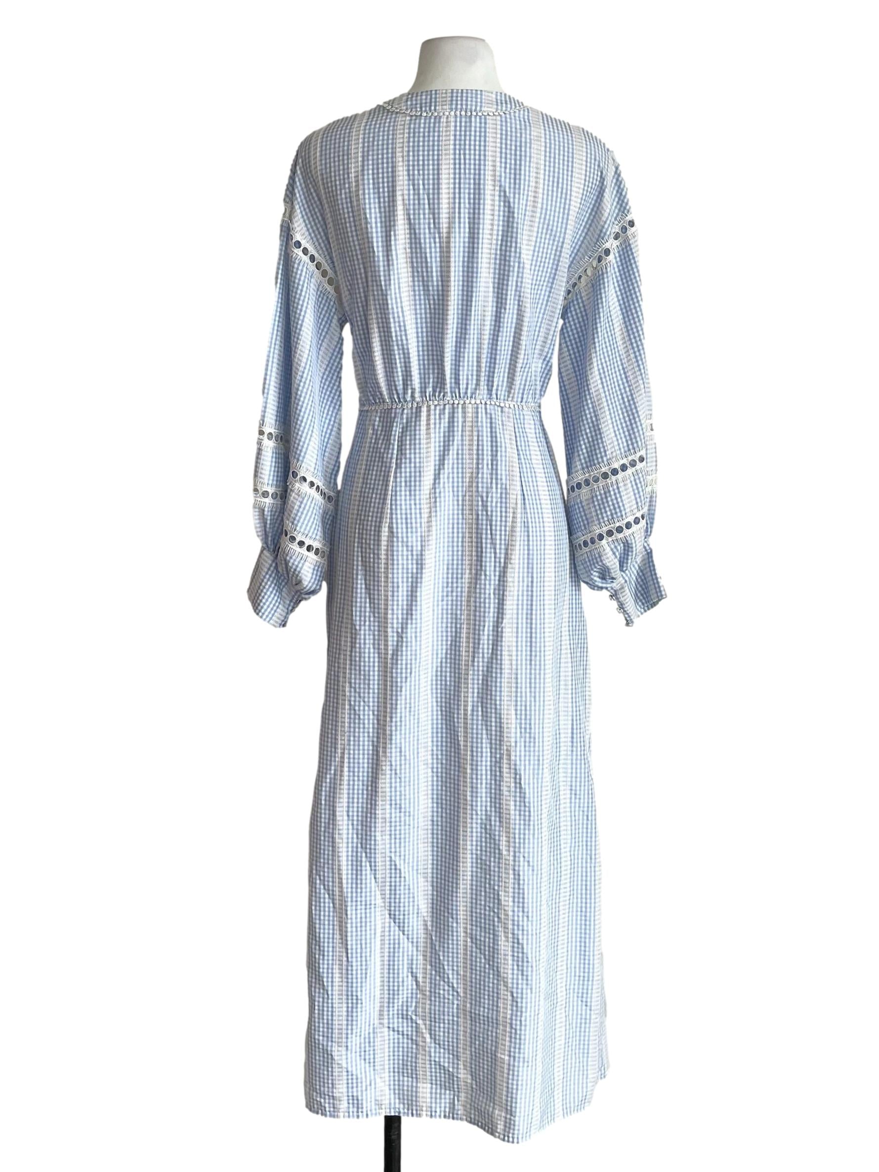 Pastel Blue Gingham Lace Hollow Sleeves Button Down Dress