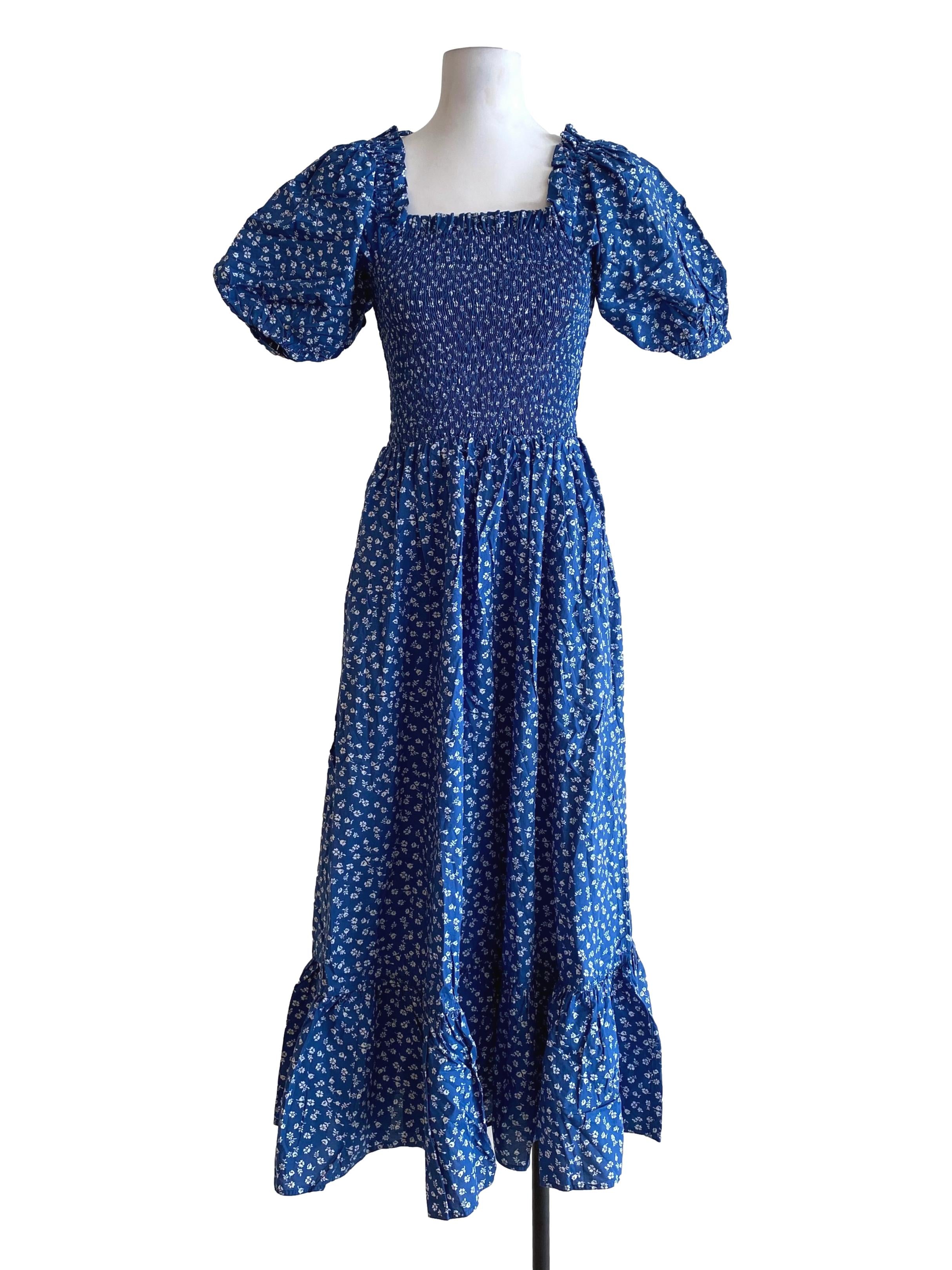 Lapis Blue White Floral Pattern Dress