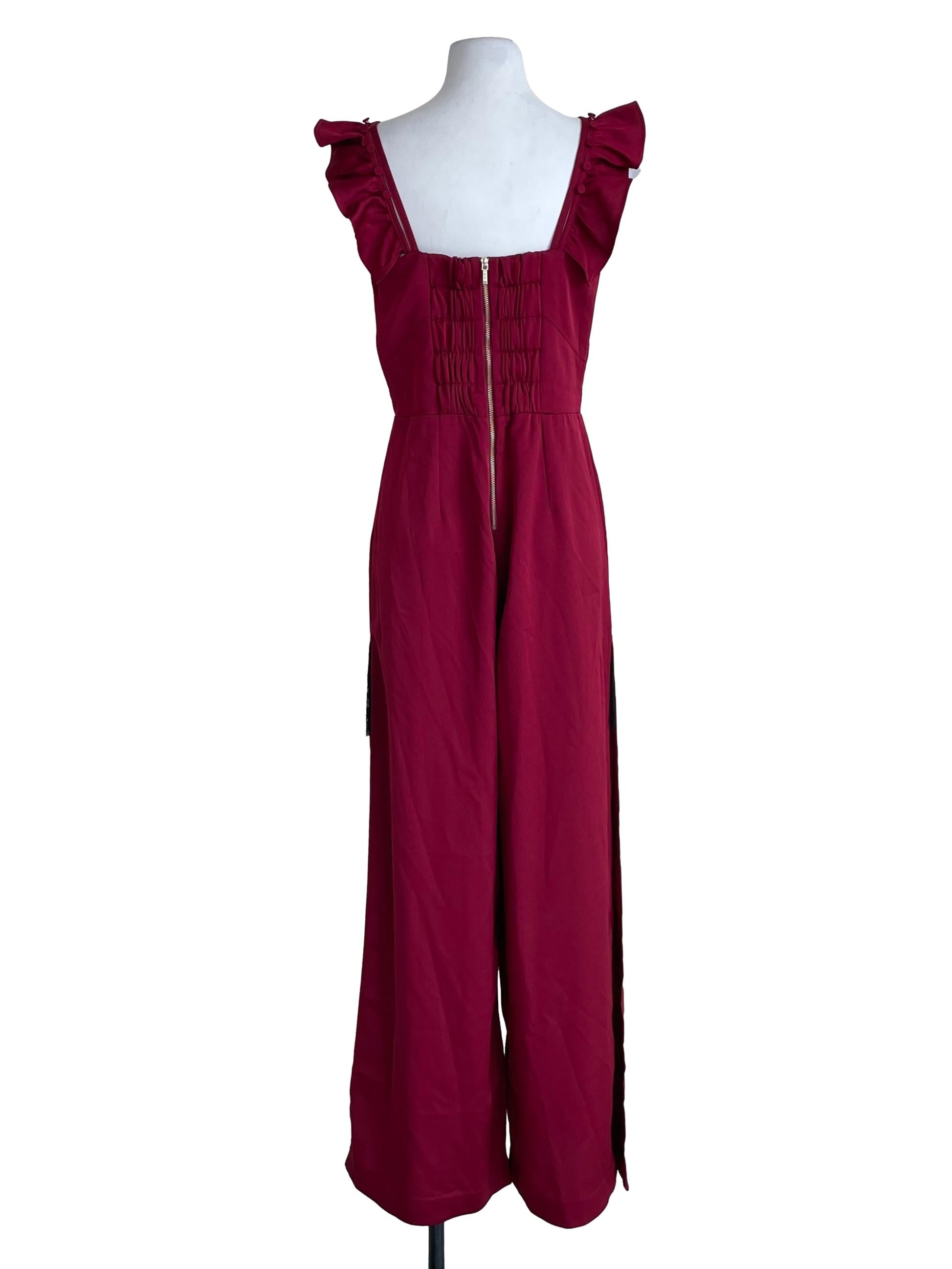 Berry Red Ruffled V Neck Slit Legs Jumpsuit