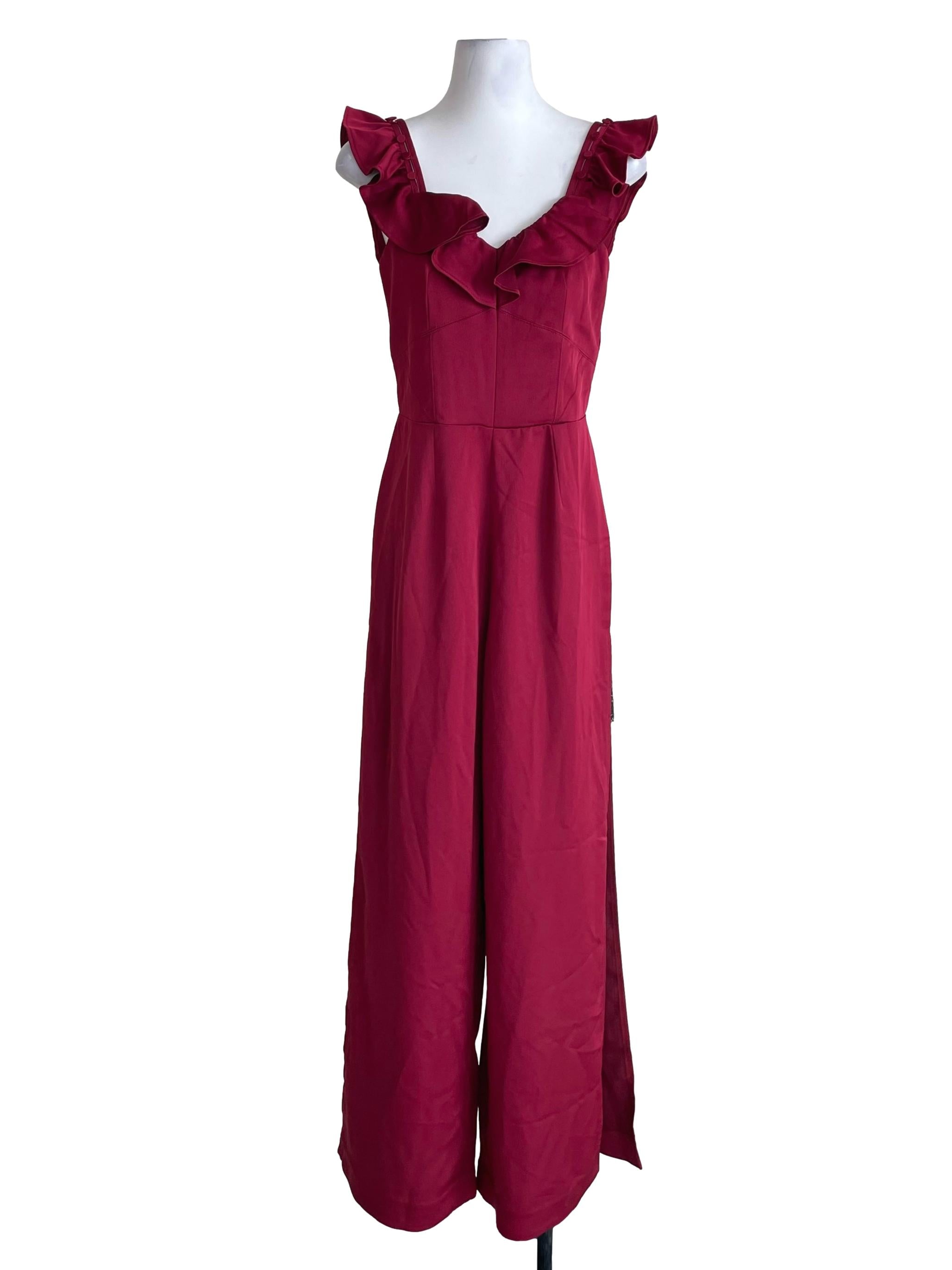Berry Red Ruffled V Neck Slit Legs Jumpsuit