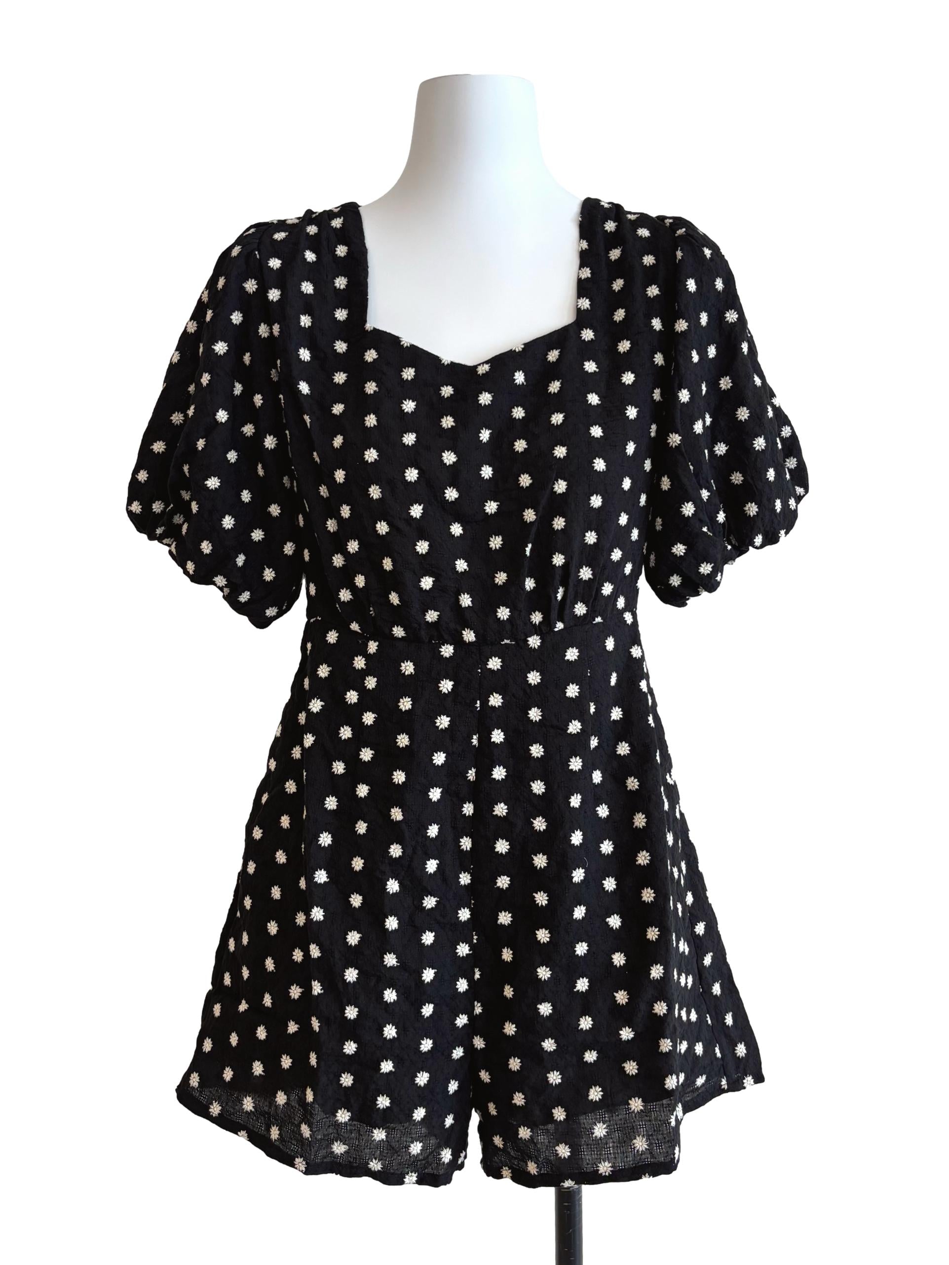 Black Flower Embroidered Romper