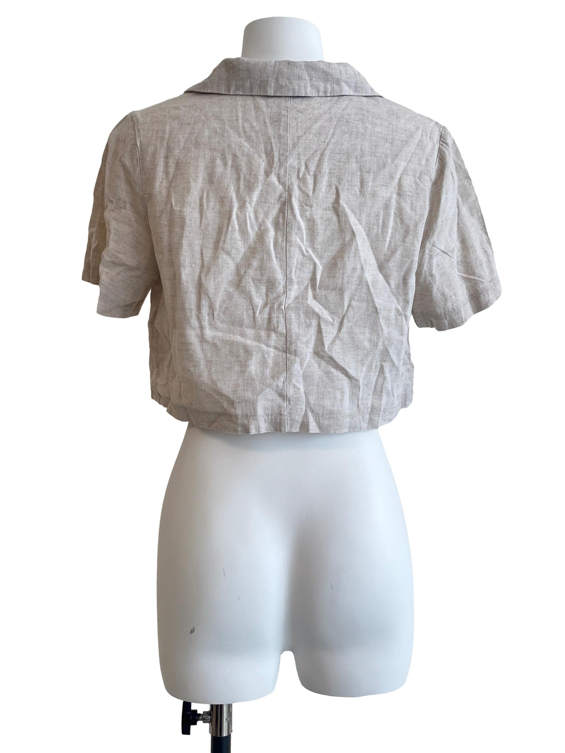 Beige White Short Sleeve Cropped Top