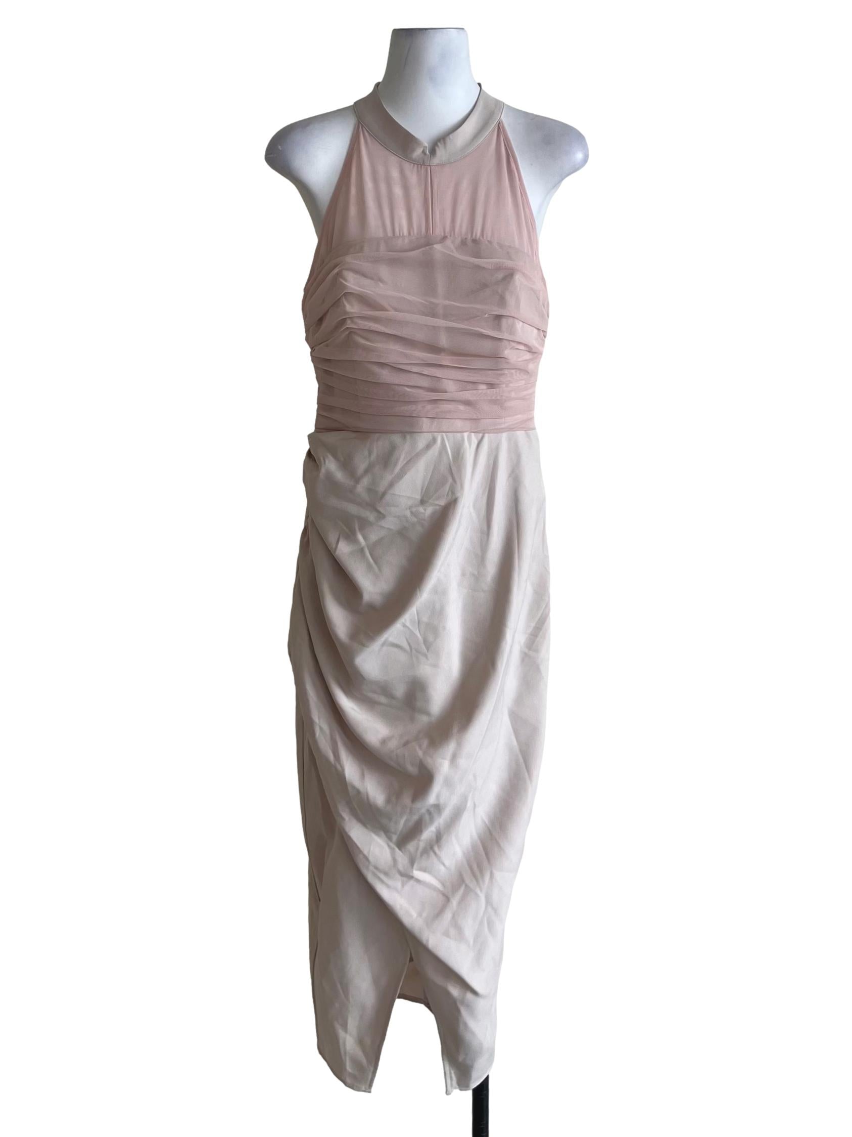 Bone Beige Mandarin Collar A-Line Dress