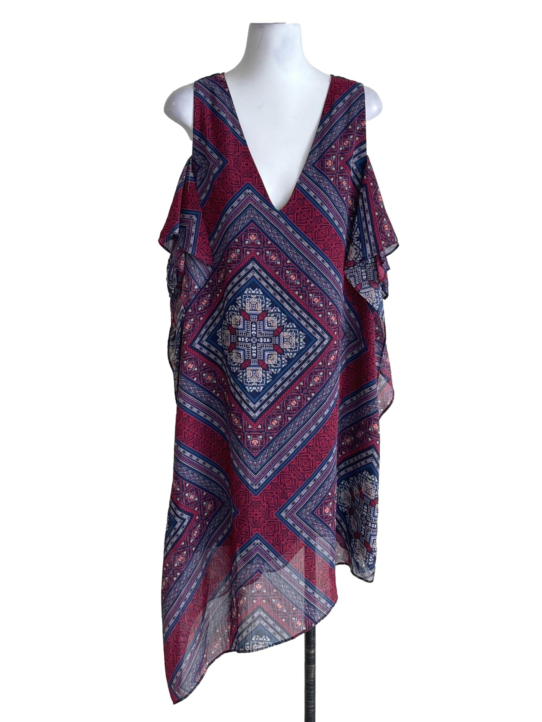 Indigo Blue And Red Ethnic Off Shoulder Dress