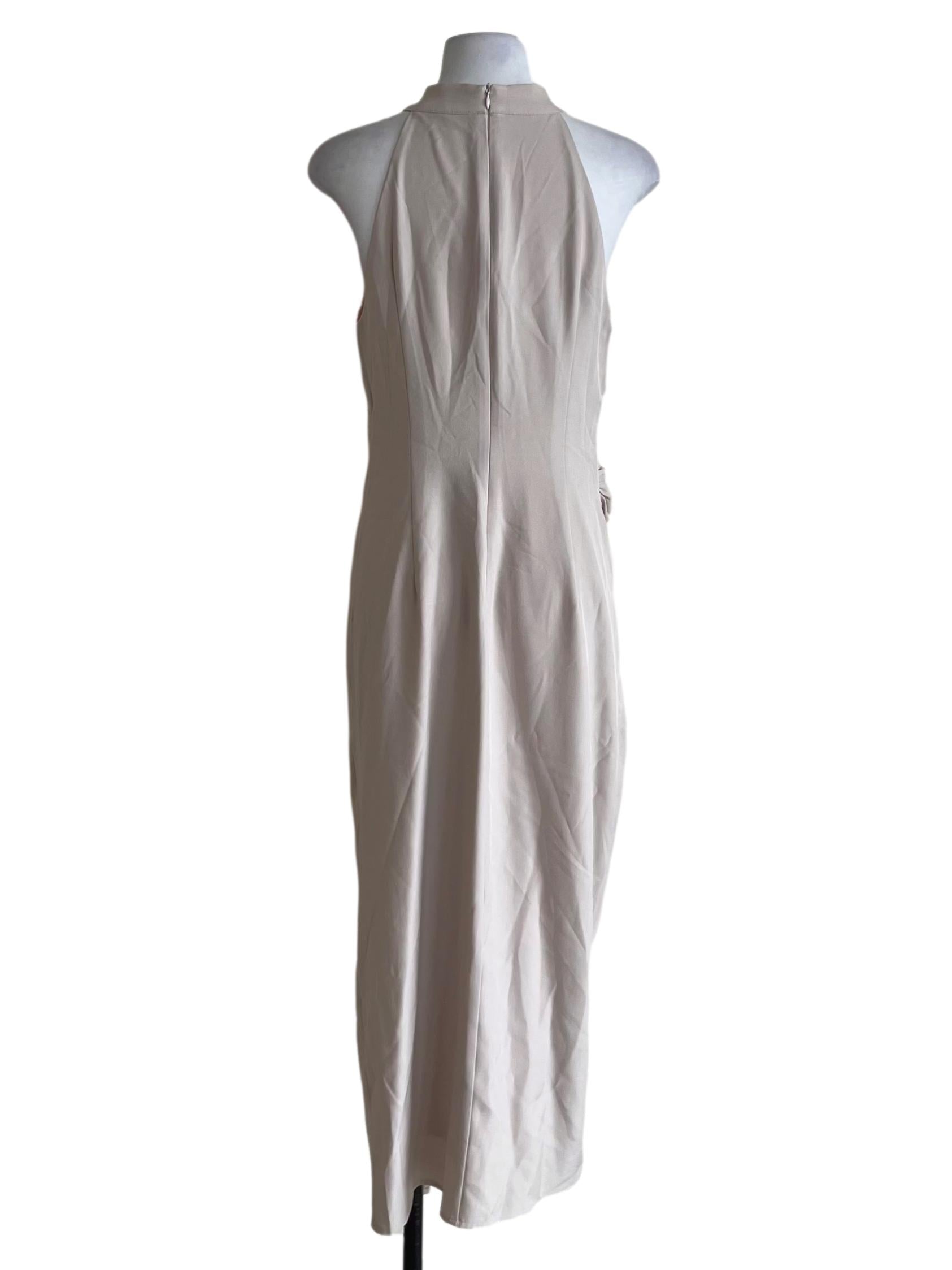 Bone Beige Mandarin Collar A-Line Dress
