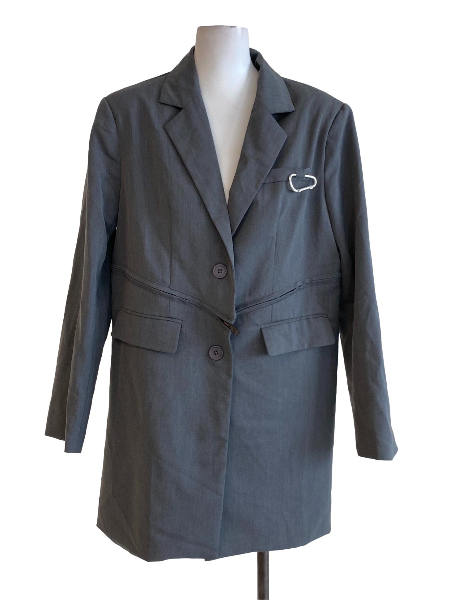 Pebble Grey Notched Collar Single Breasted Long Blazer