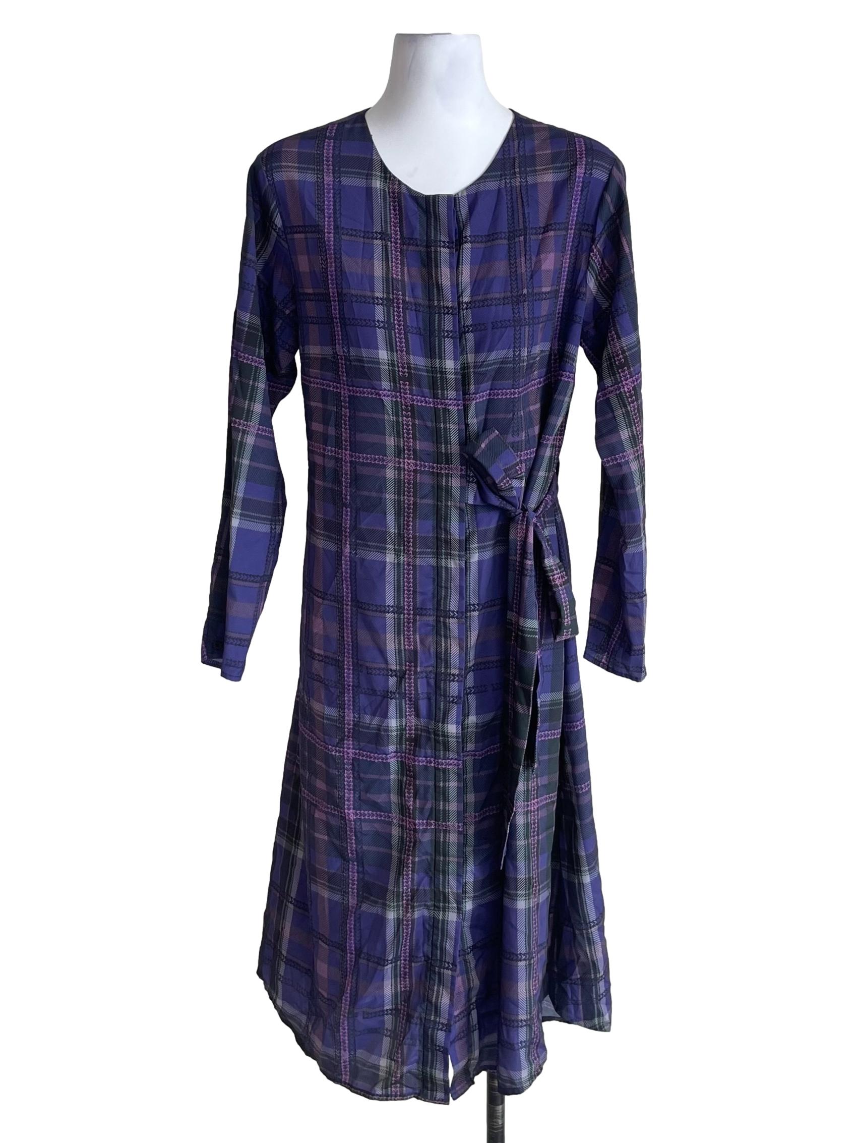 Purple Checkered Round Neck Button Down Dress