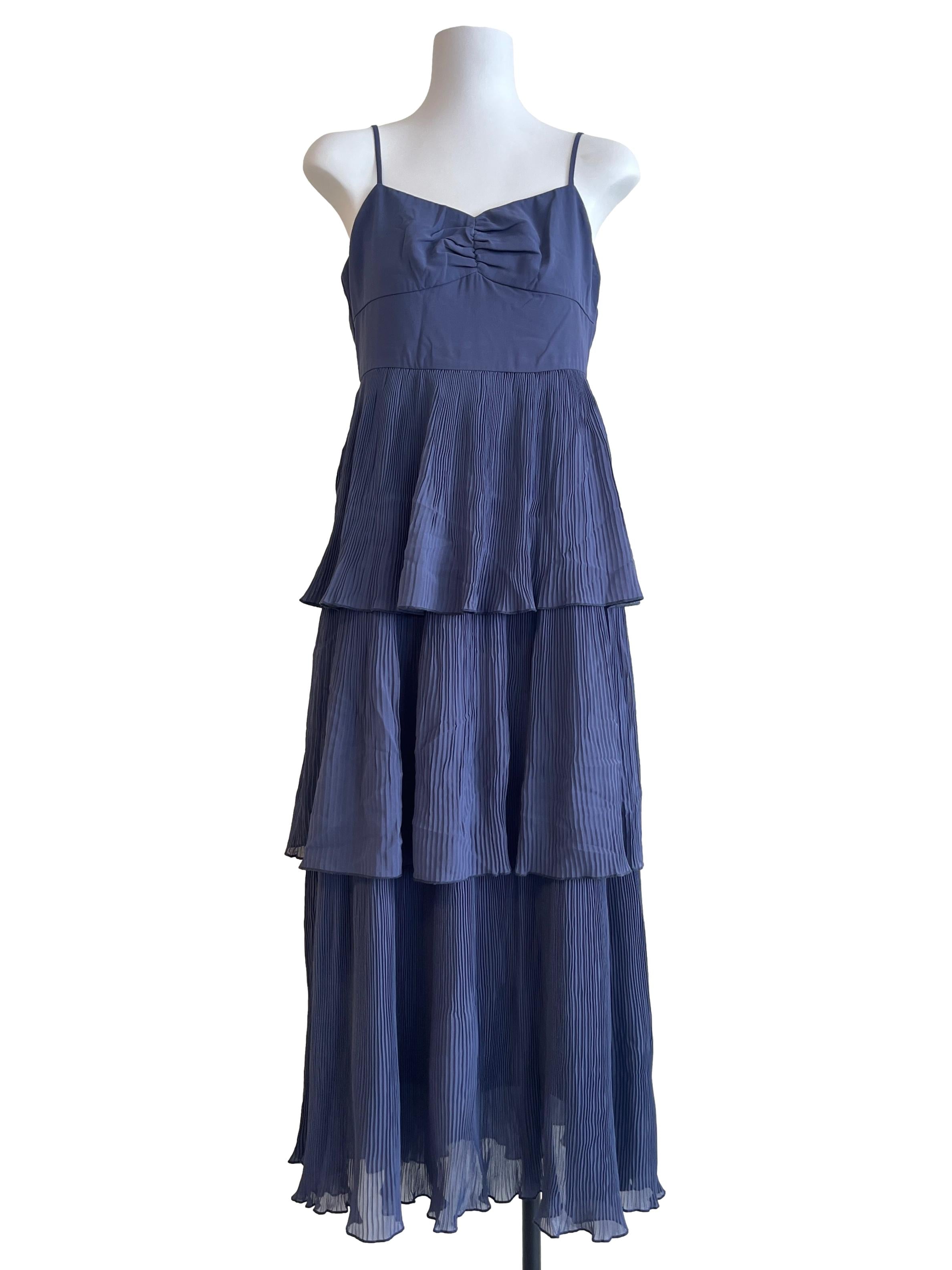 Graphite Blue Pleats Tiered Maxi Dress