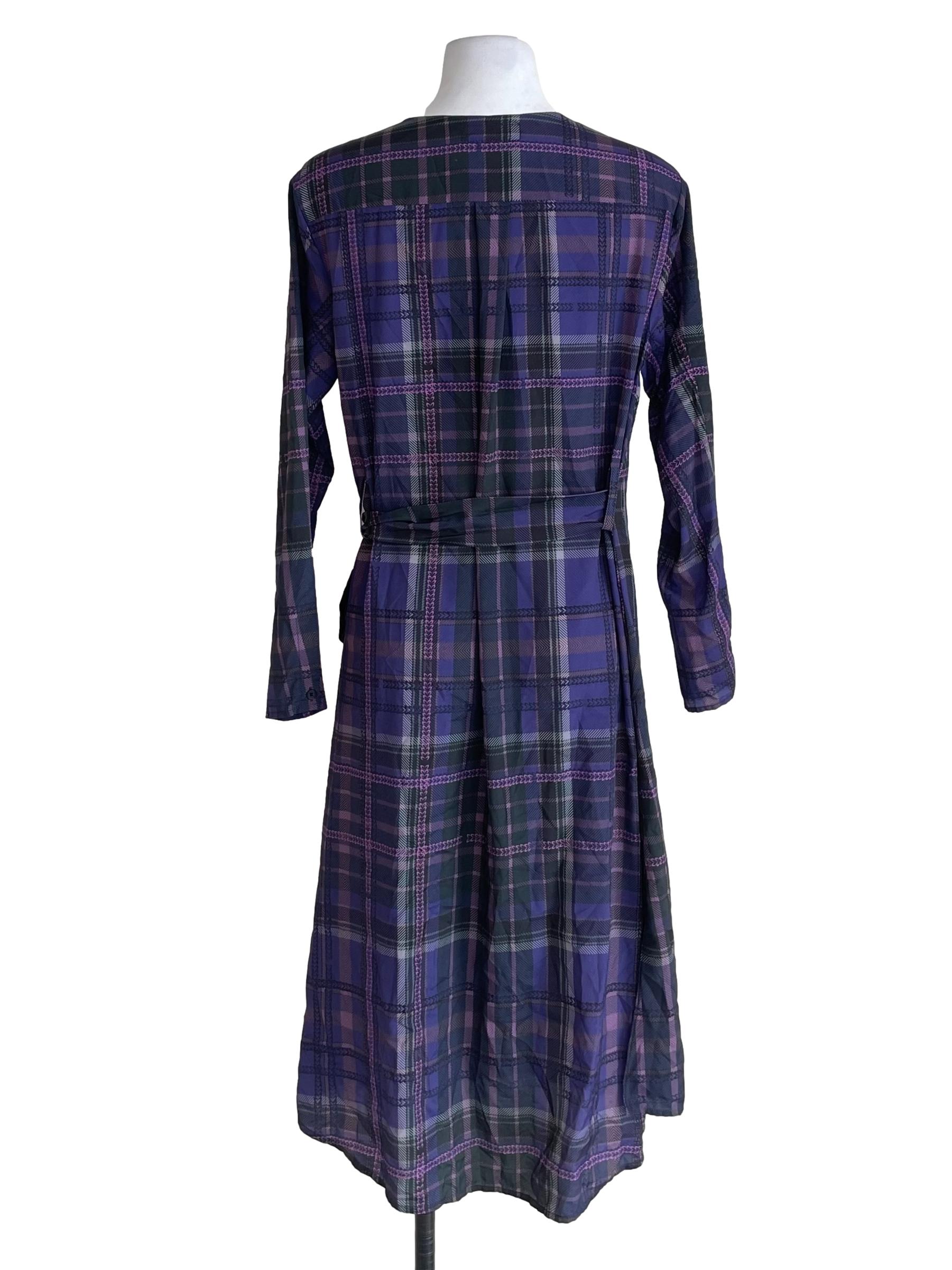 Purple Checkered Round Neck Button Down Dress
