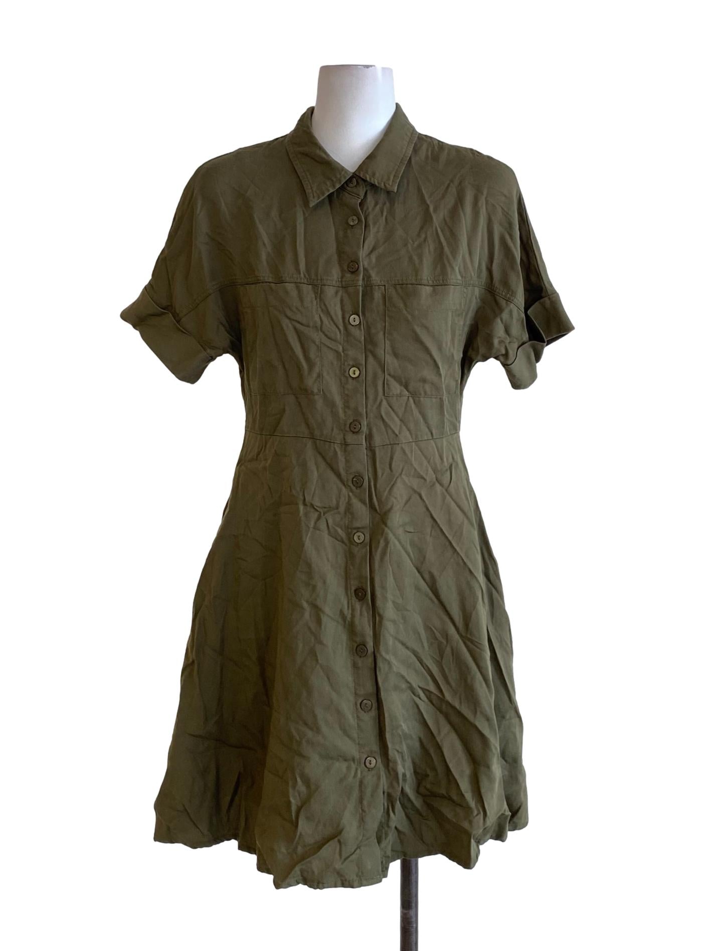 Moss Green Buttoned Down Shirt A-Line Dress