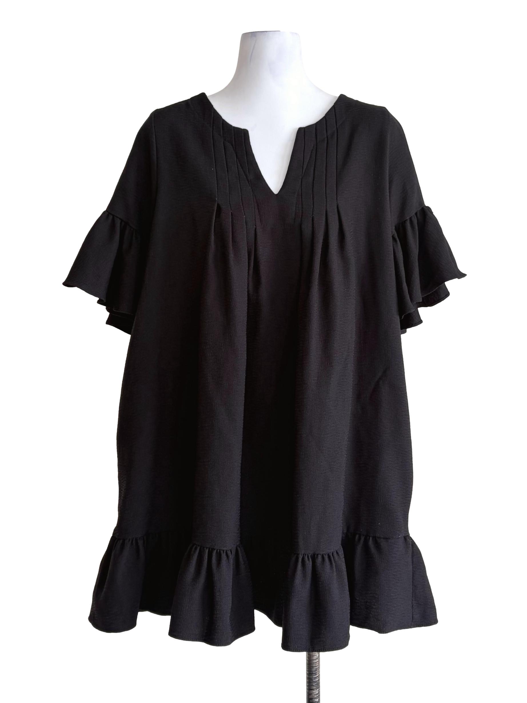 Black V-Slit Neckline Ruffled-End Top