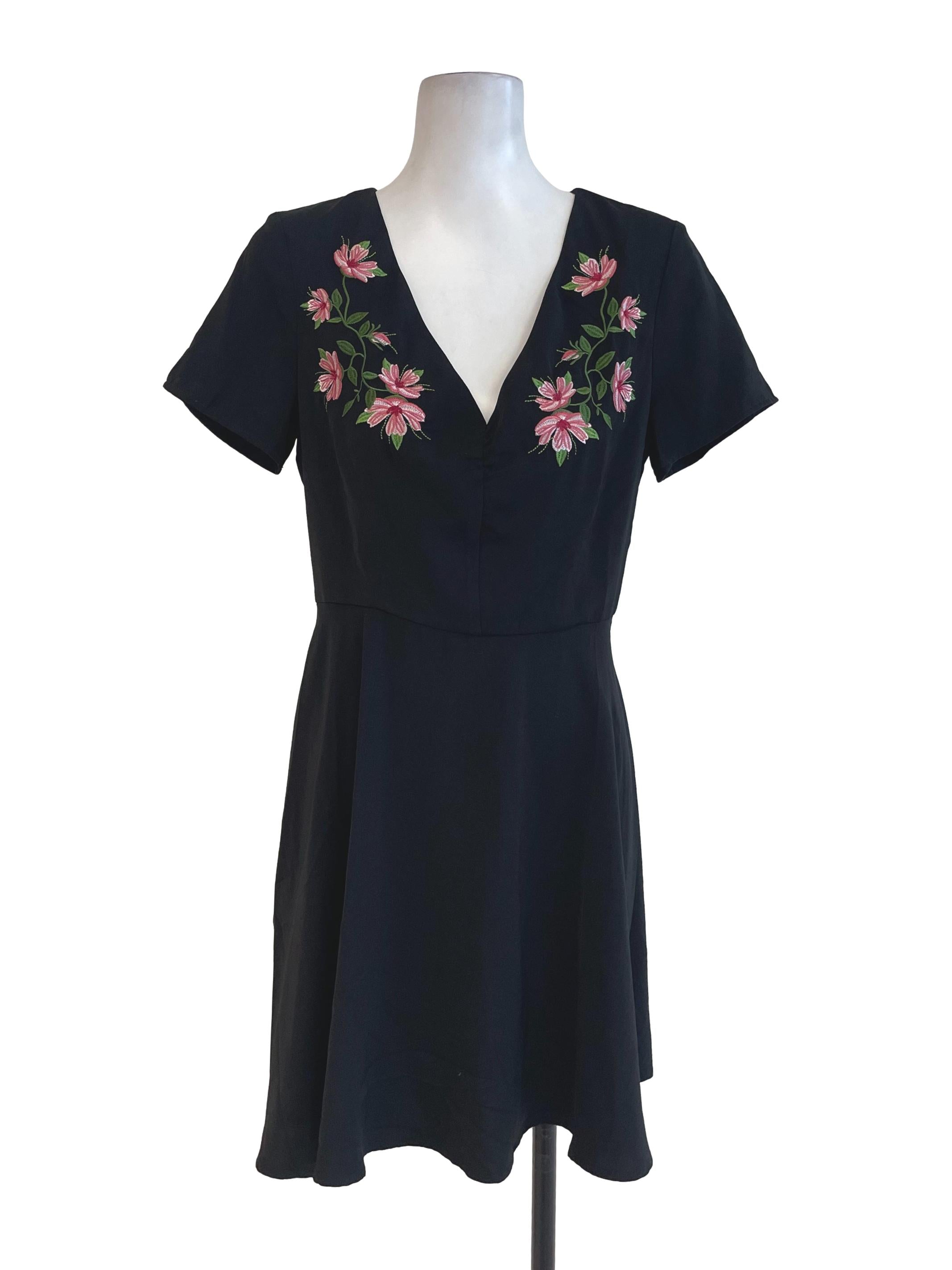 Black Floral Embroidery A Line Dress