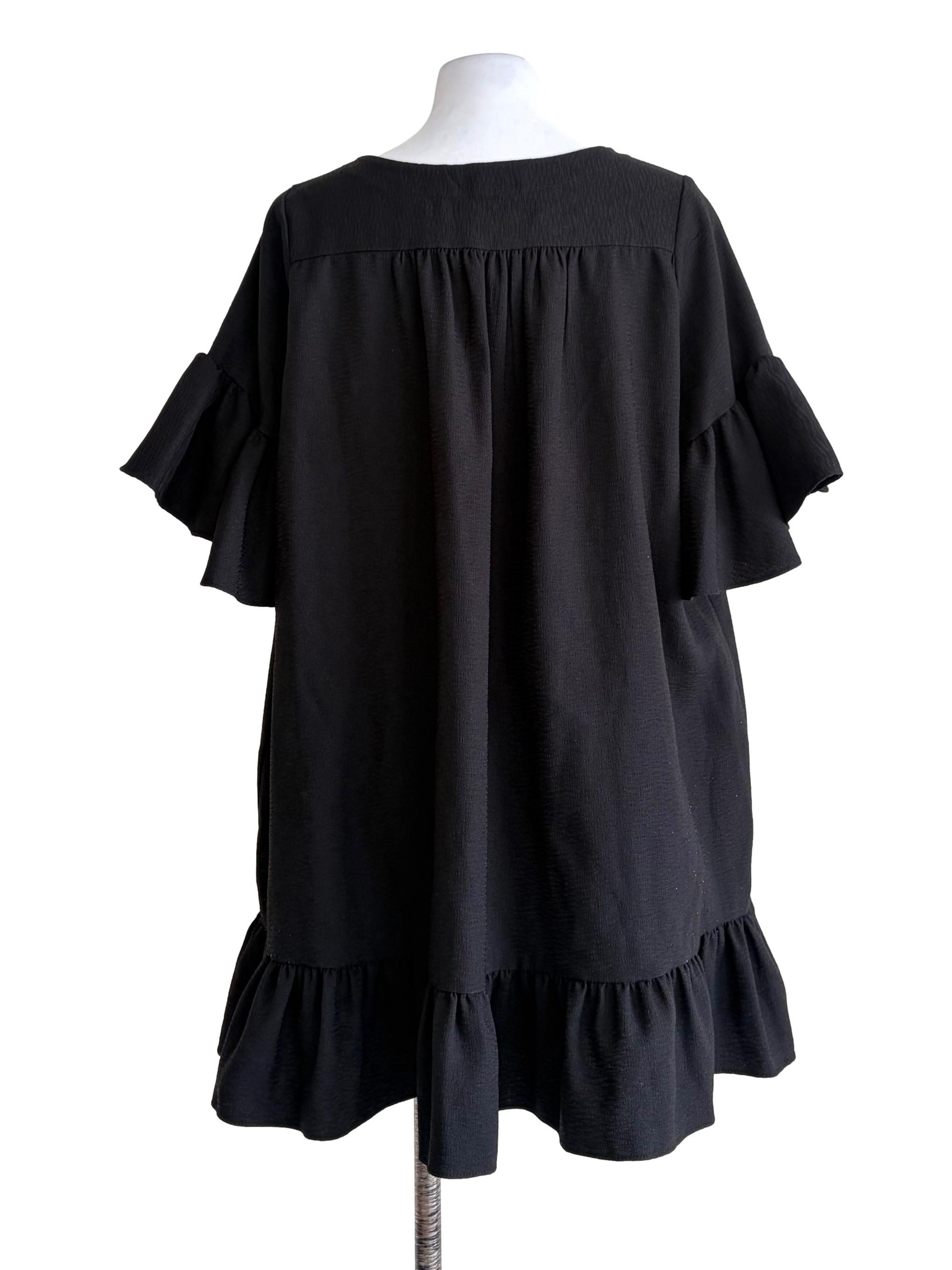 Black V-Slit Neckline Ruffled-End Top