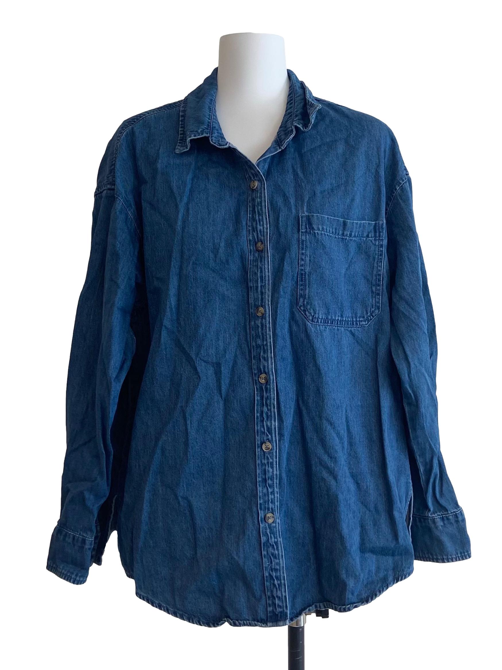 Denim Blue Button Down Side Slit Blouse GA