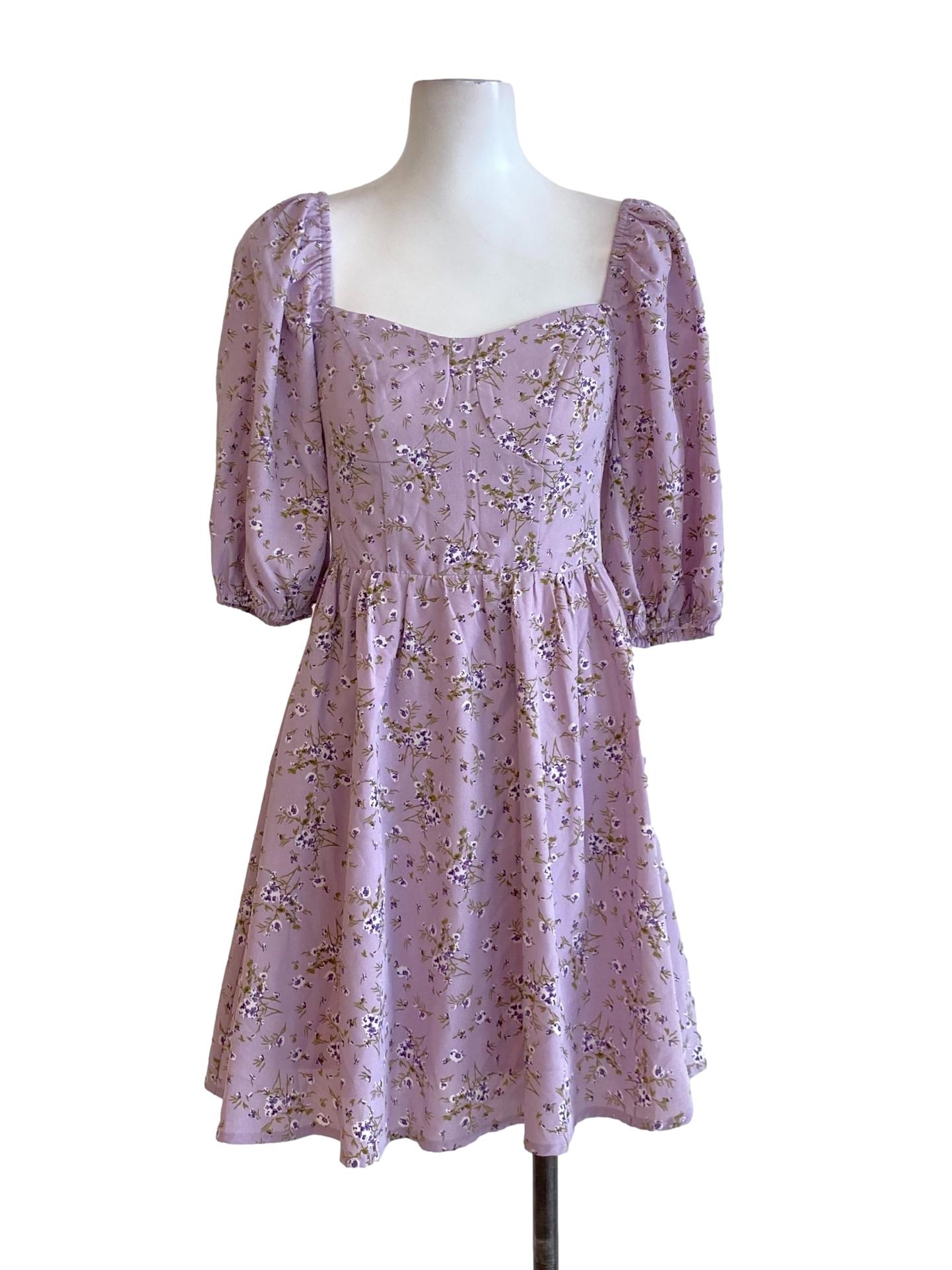 Heather Purple Floral Printed Sweetheart Peasant Dress