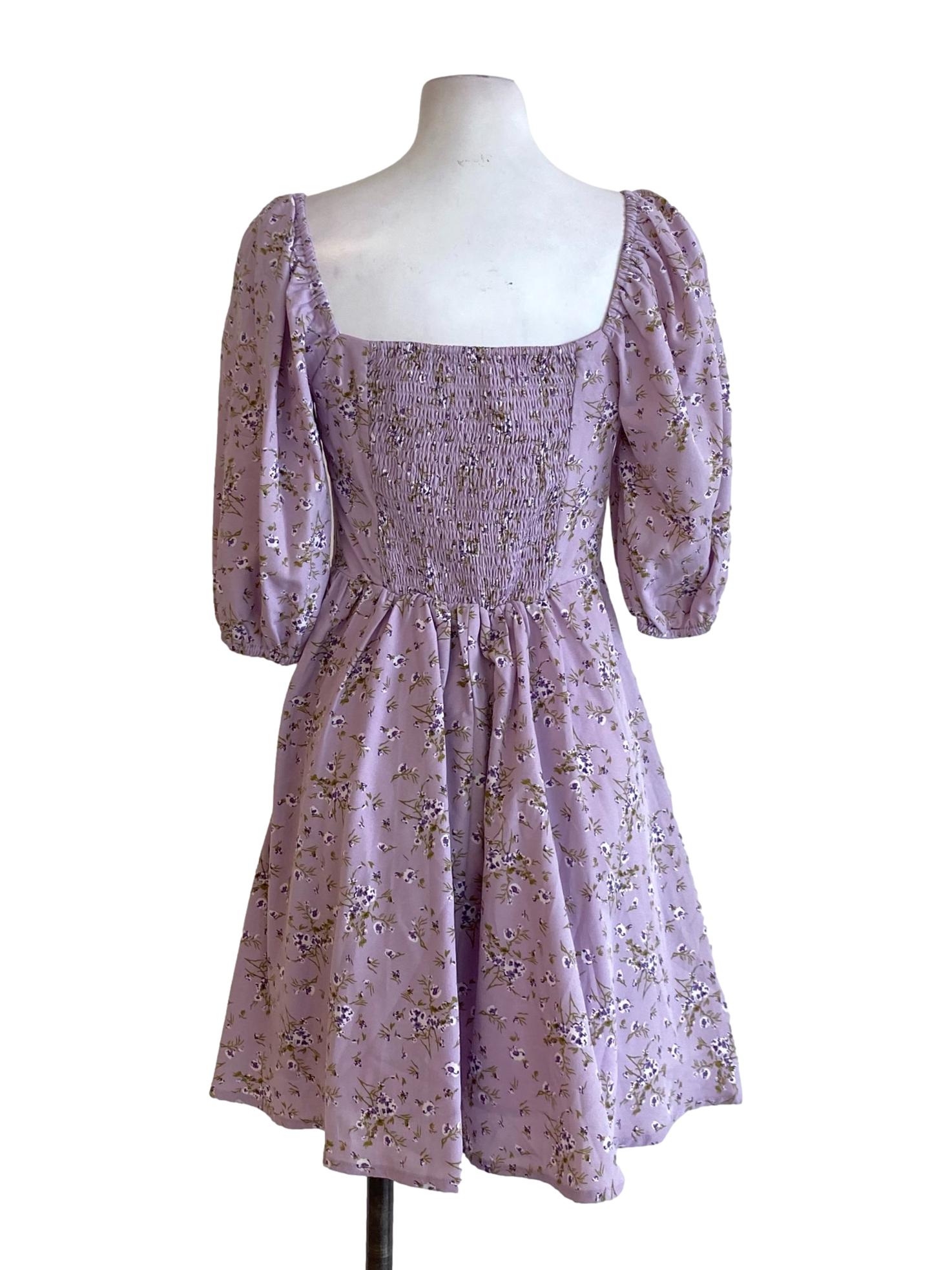 Heather Purple Floral Printed Sweetheart Peasant Dress