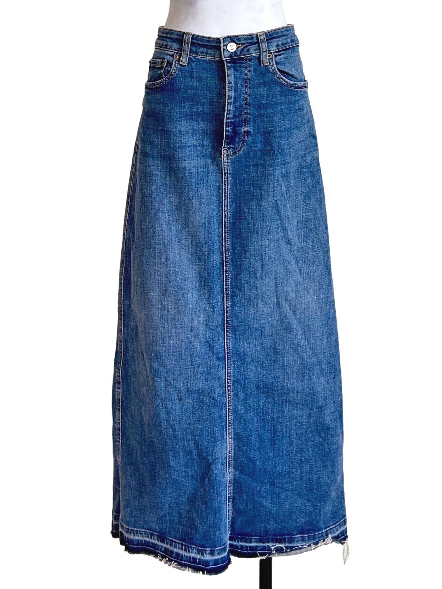 Blue Denim Raw Hem Skirt