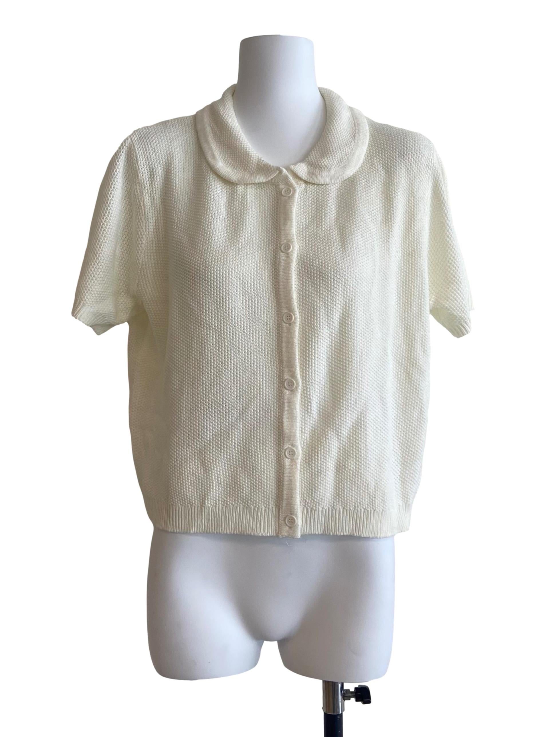 White Knit Button Down Blouse