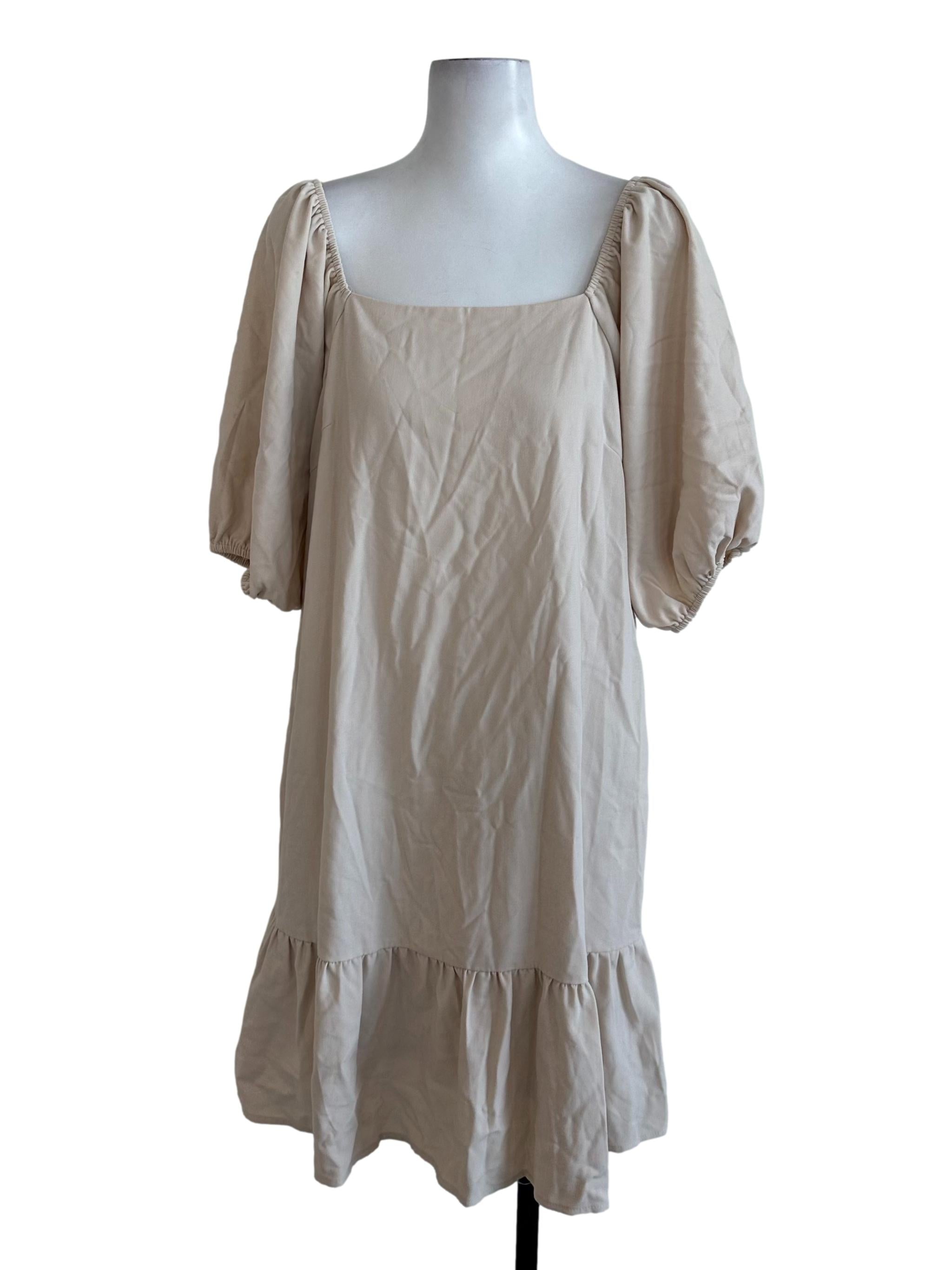 Sand Beige Plain Square Neck Dress