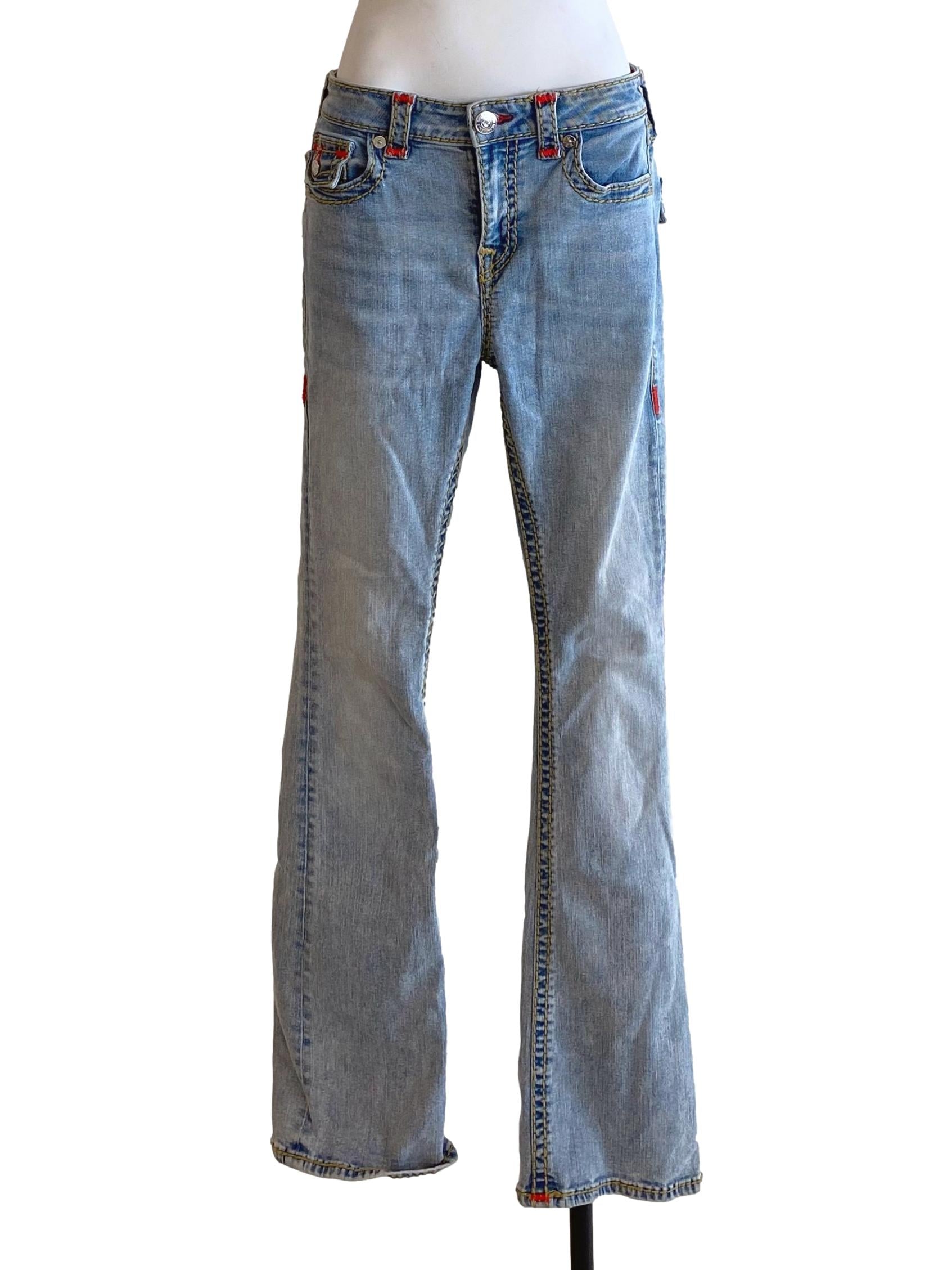 Cool Denim Blue Red Knit Bootcut Jeans