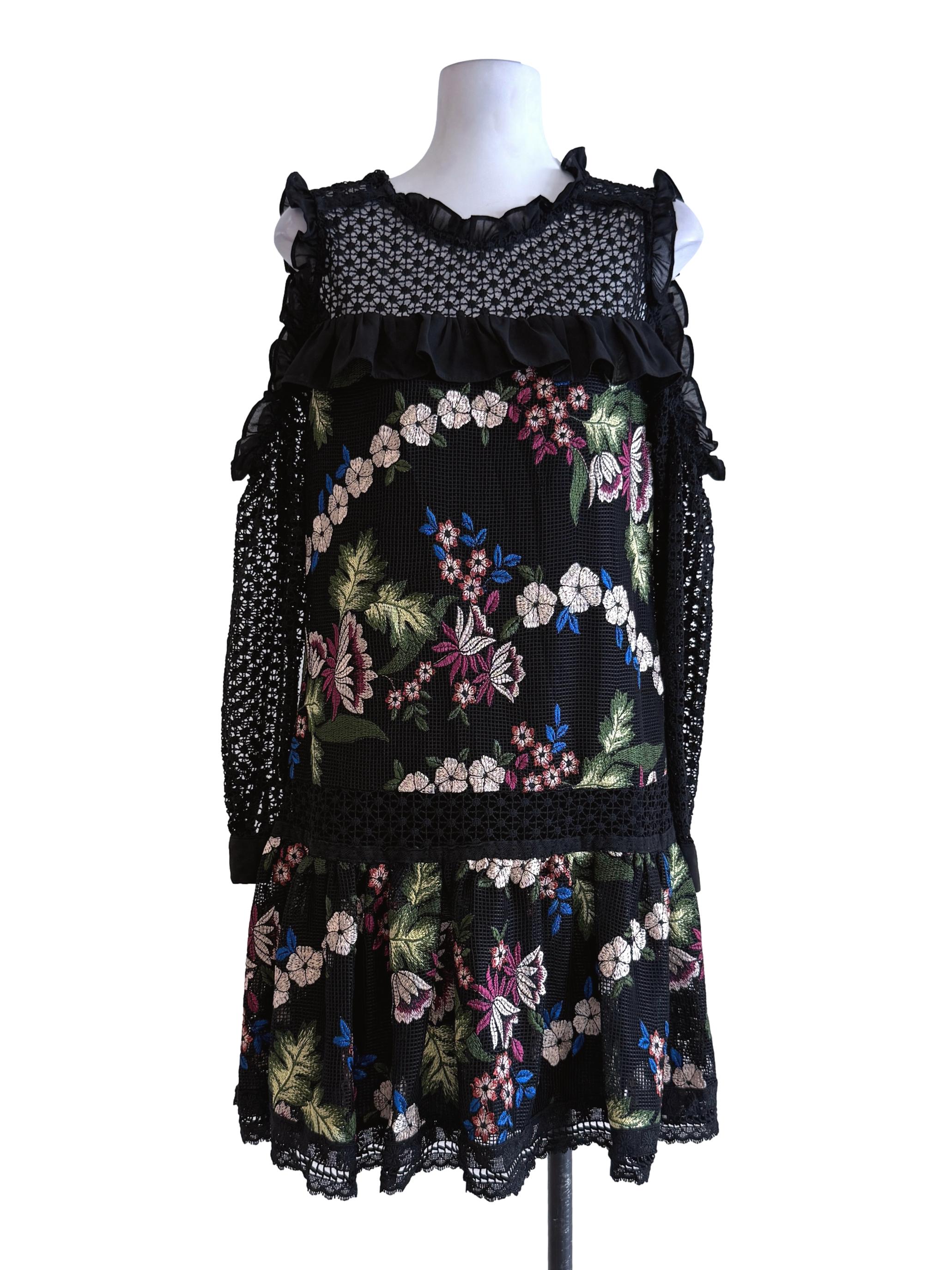 Black Floral Pattern Embroidery Mini Dress
