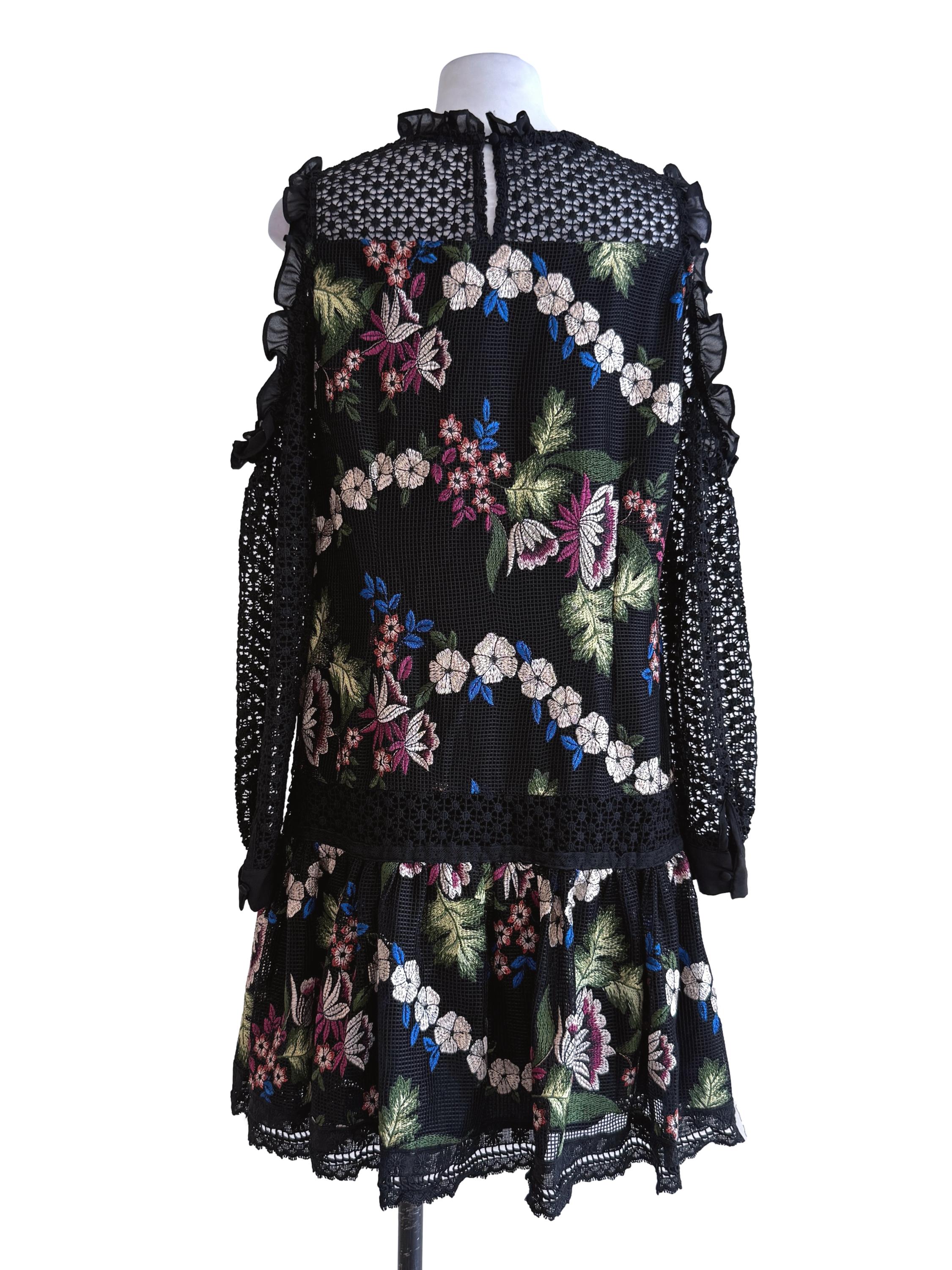 Black Floral Pattern Embroidery Mini Dress