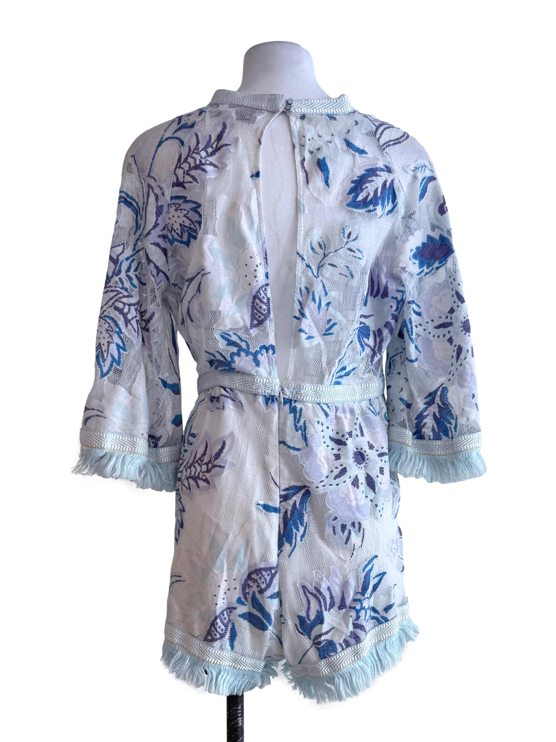 White Blue Floral Textured Short Rompers
