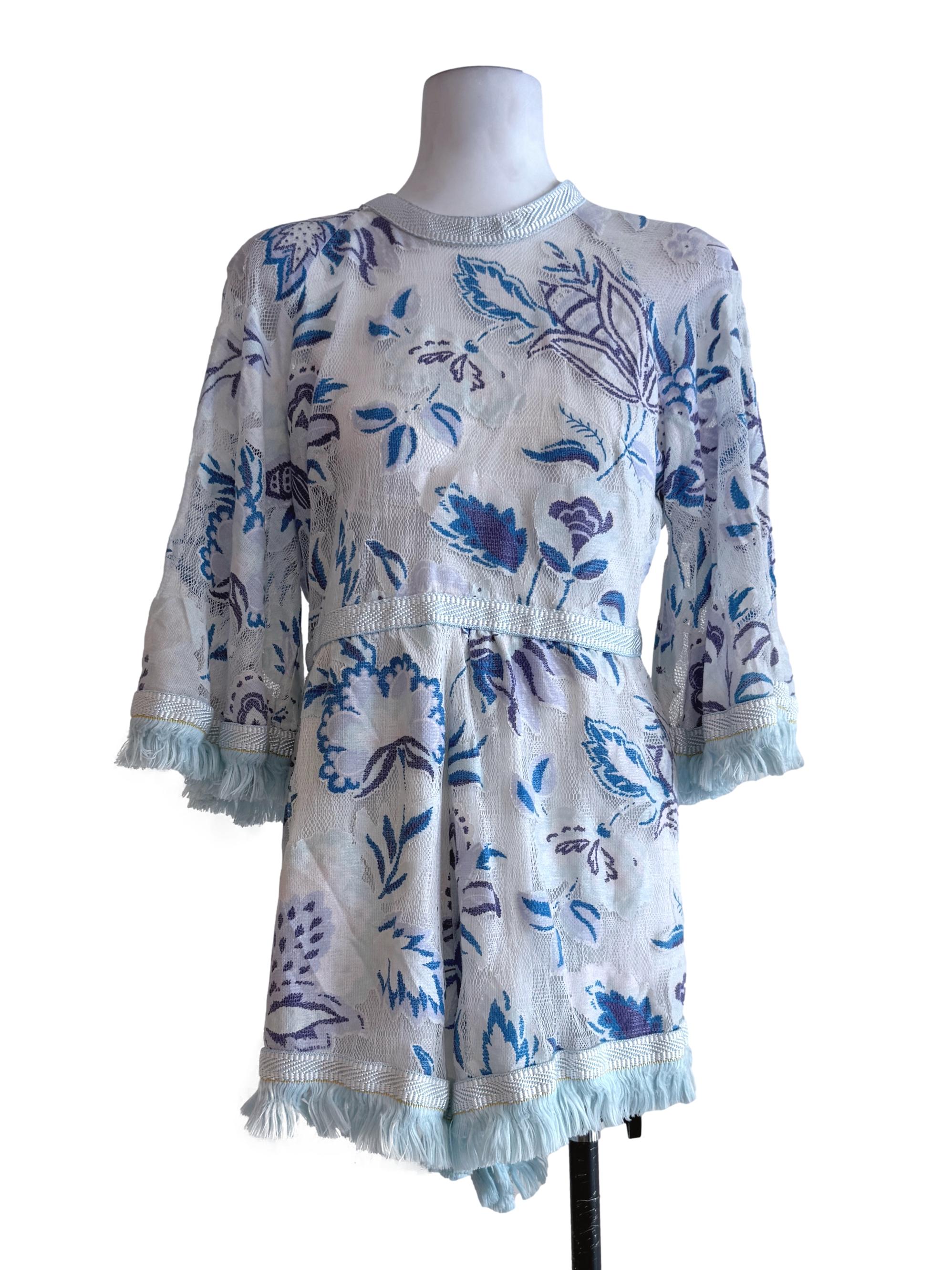 White Blue Floral Textured Short Rompers