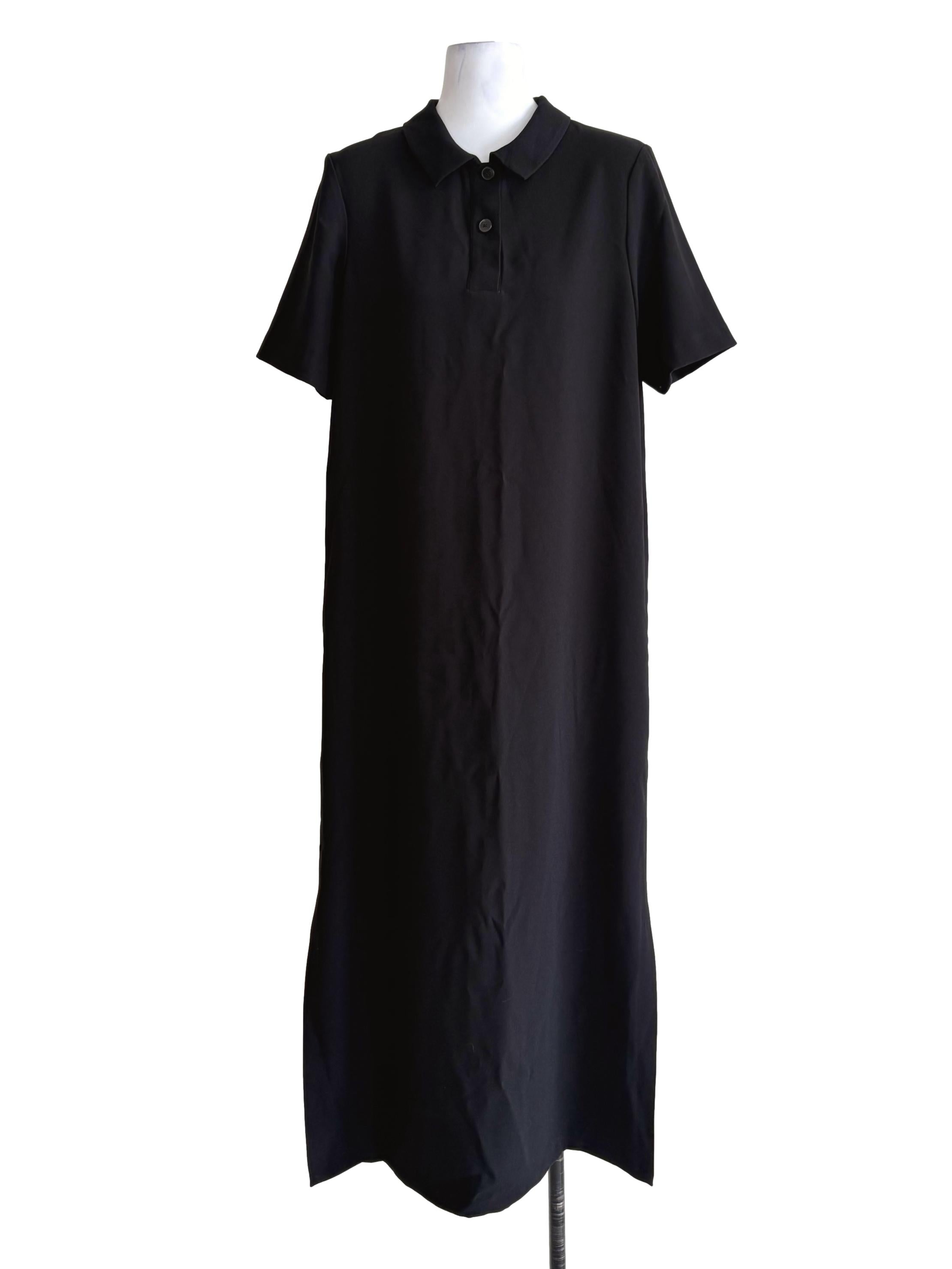 Black Collar Side-Slit Half Button Dress