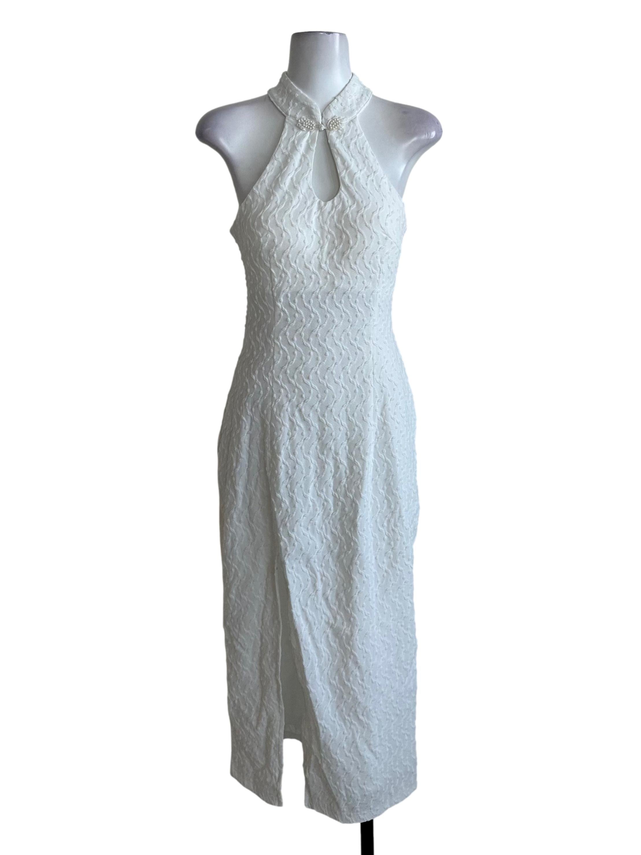 Pearl White Textured Cheongsam Slit Dress