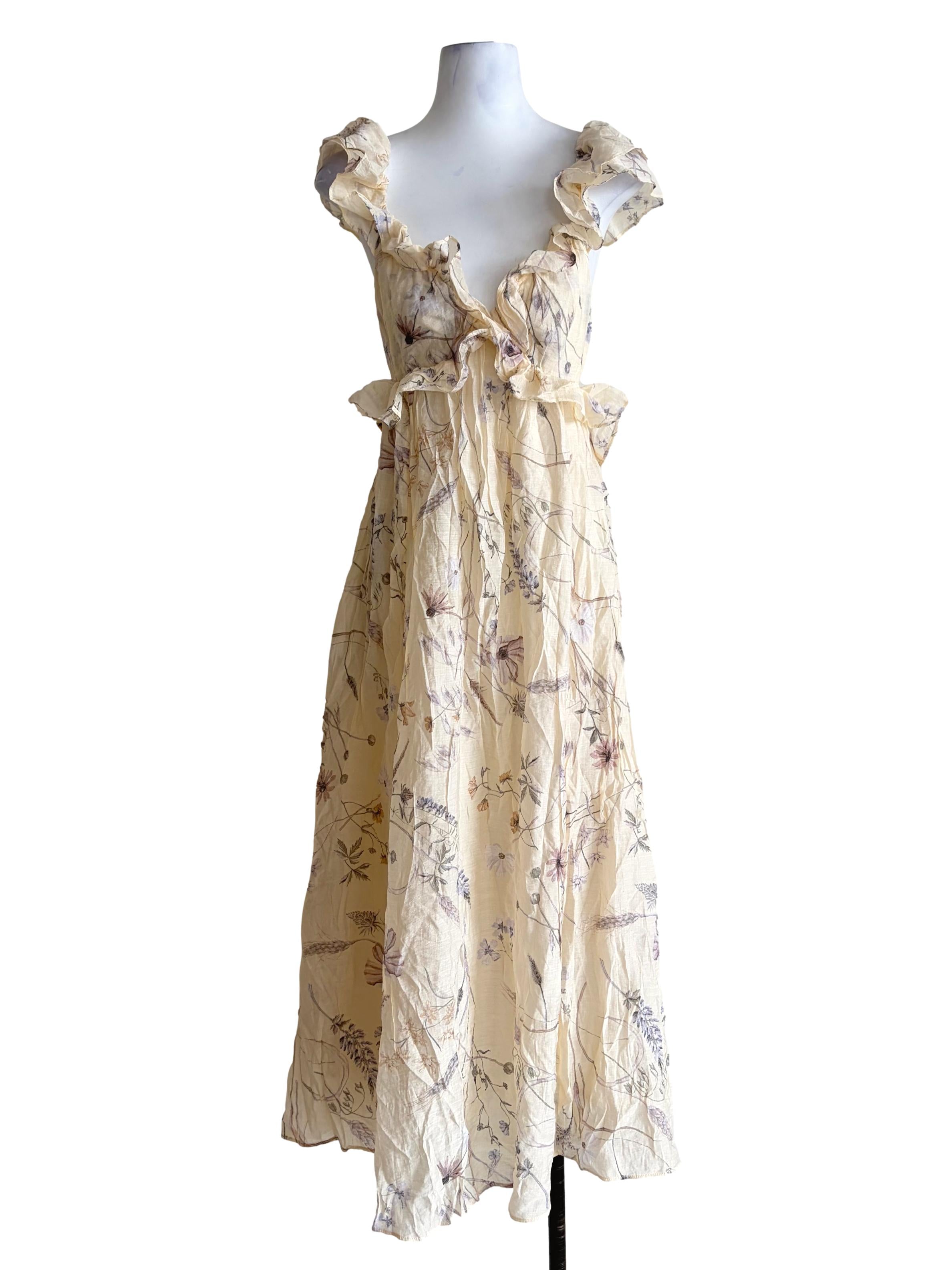 Cream Yellow Floral Pattern Ruffled Strap Sundress