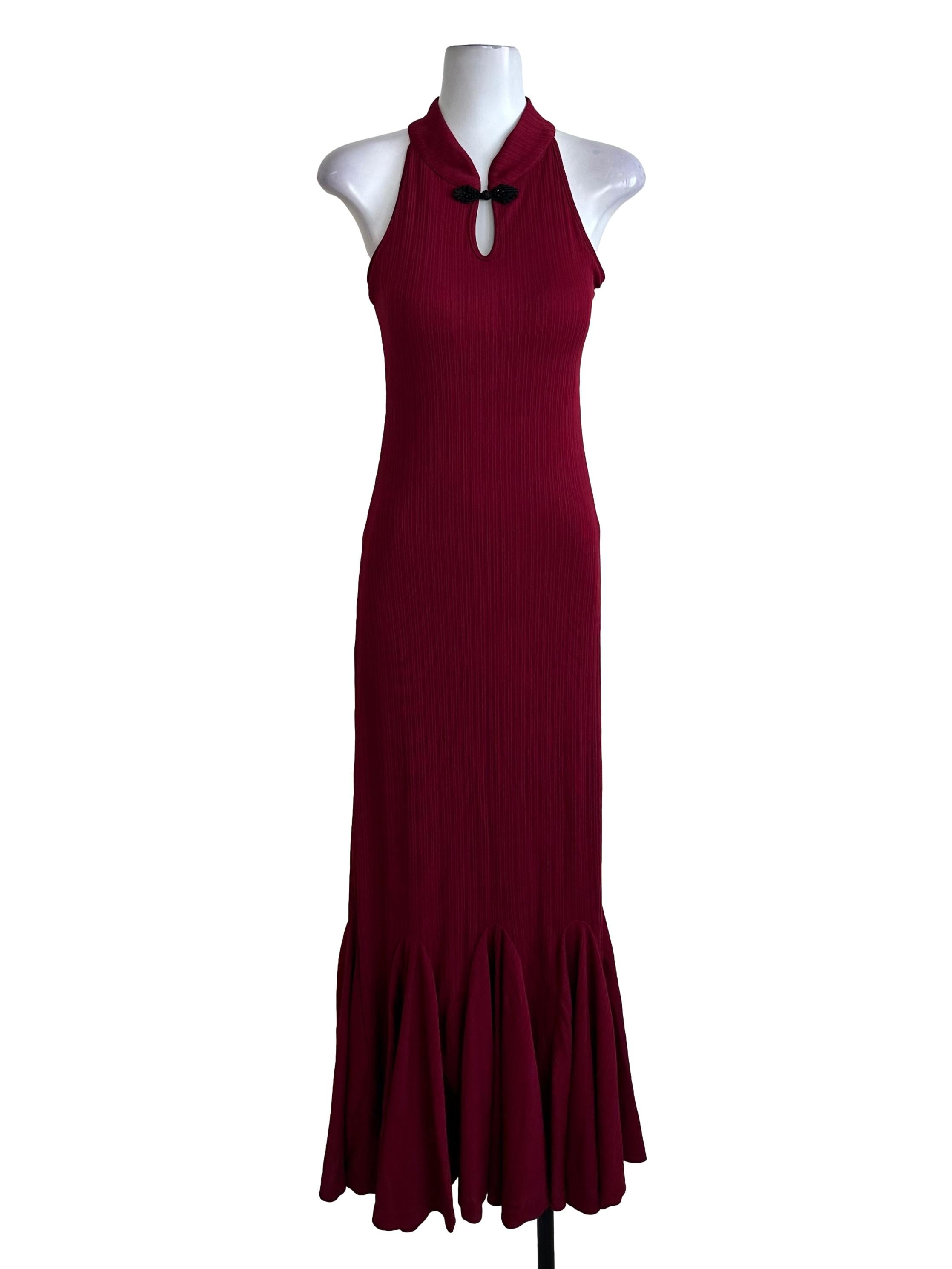 Ruby Red Textured Cheongsam Ruffle Maxi Dress