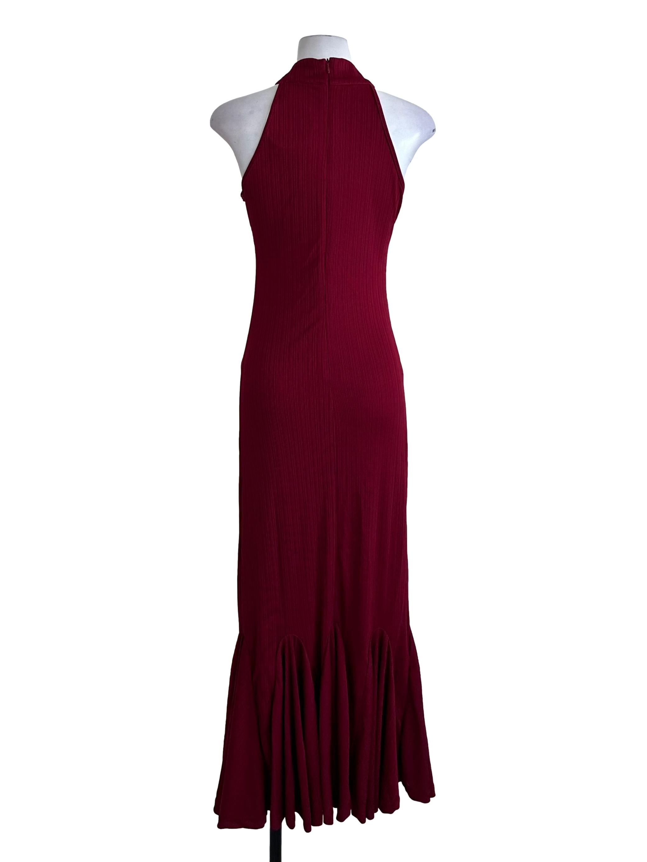 Ruby Red Textured Cheongsam Ruffle Maxi Dress