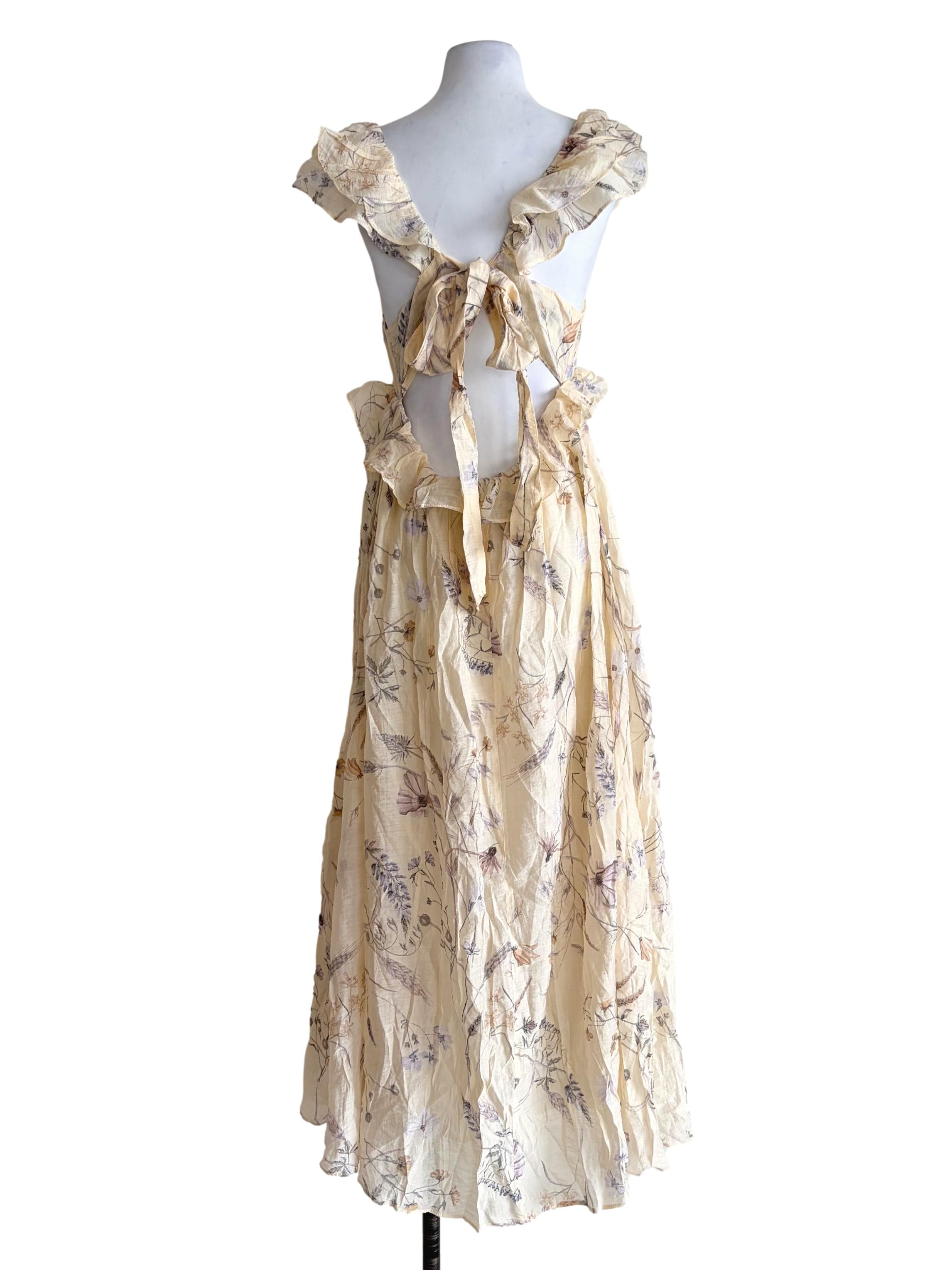 Cream Yellow Floral Pattern Ruffled Strap Sundress