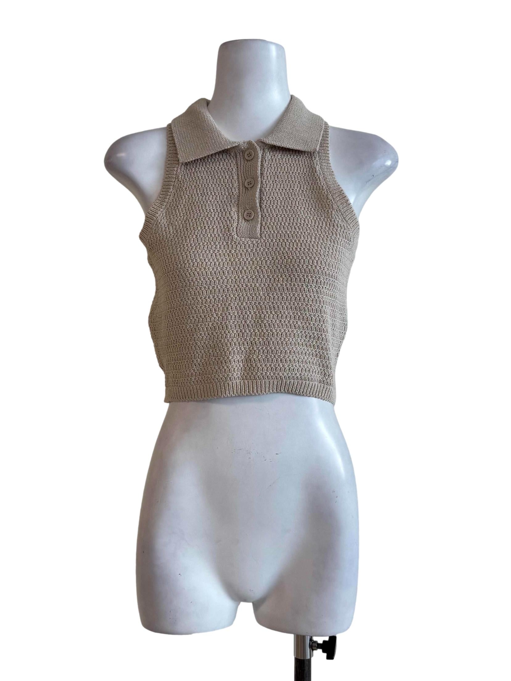 Wheat Beige Knitted Collar Sleeveless Top
