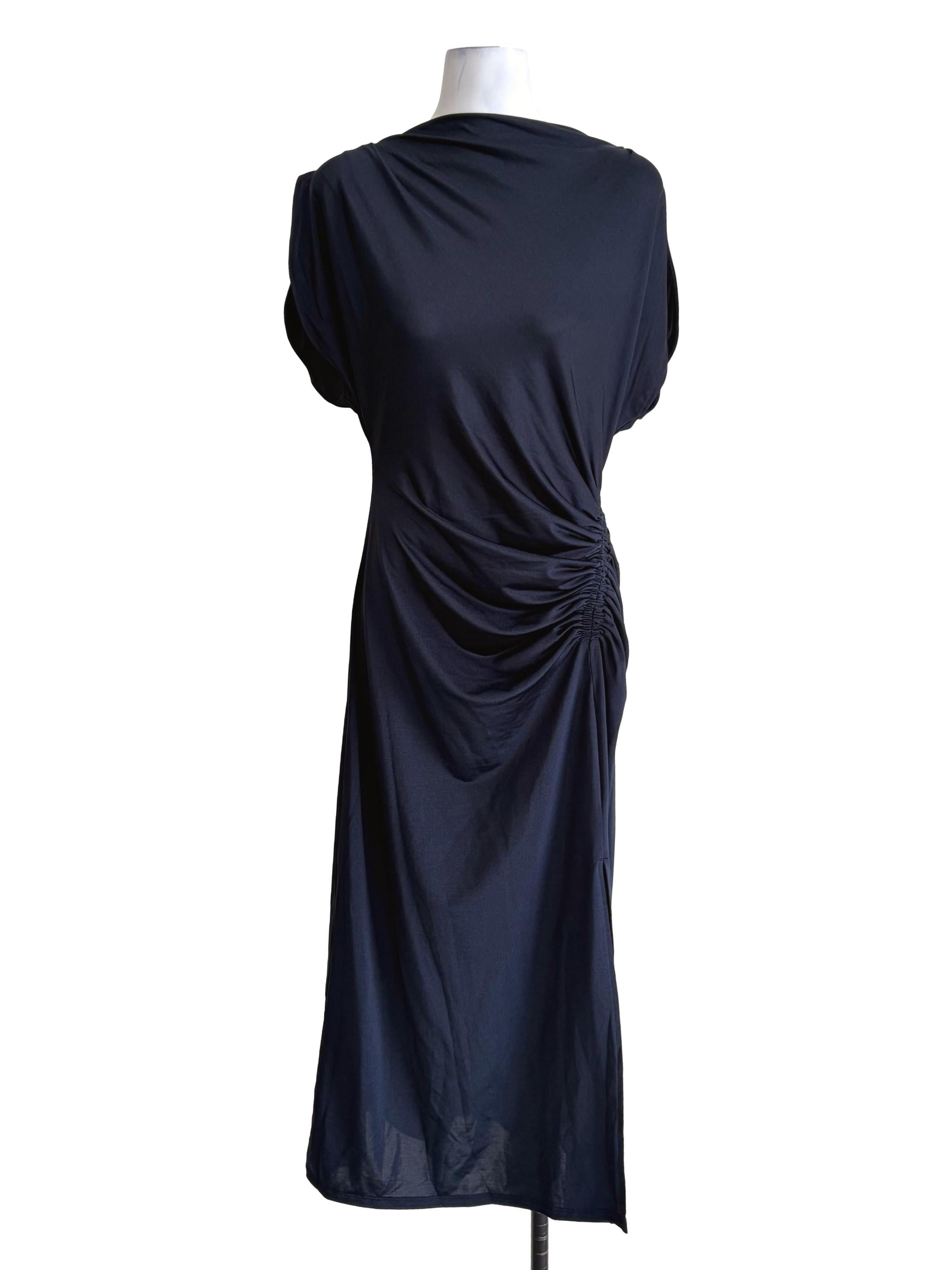 Navy Blue Ruched Waist Low Slit Dress